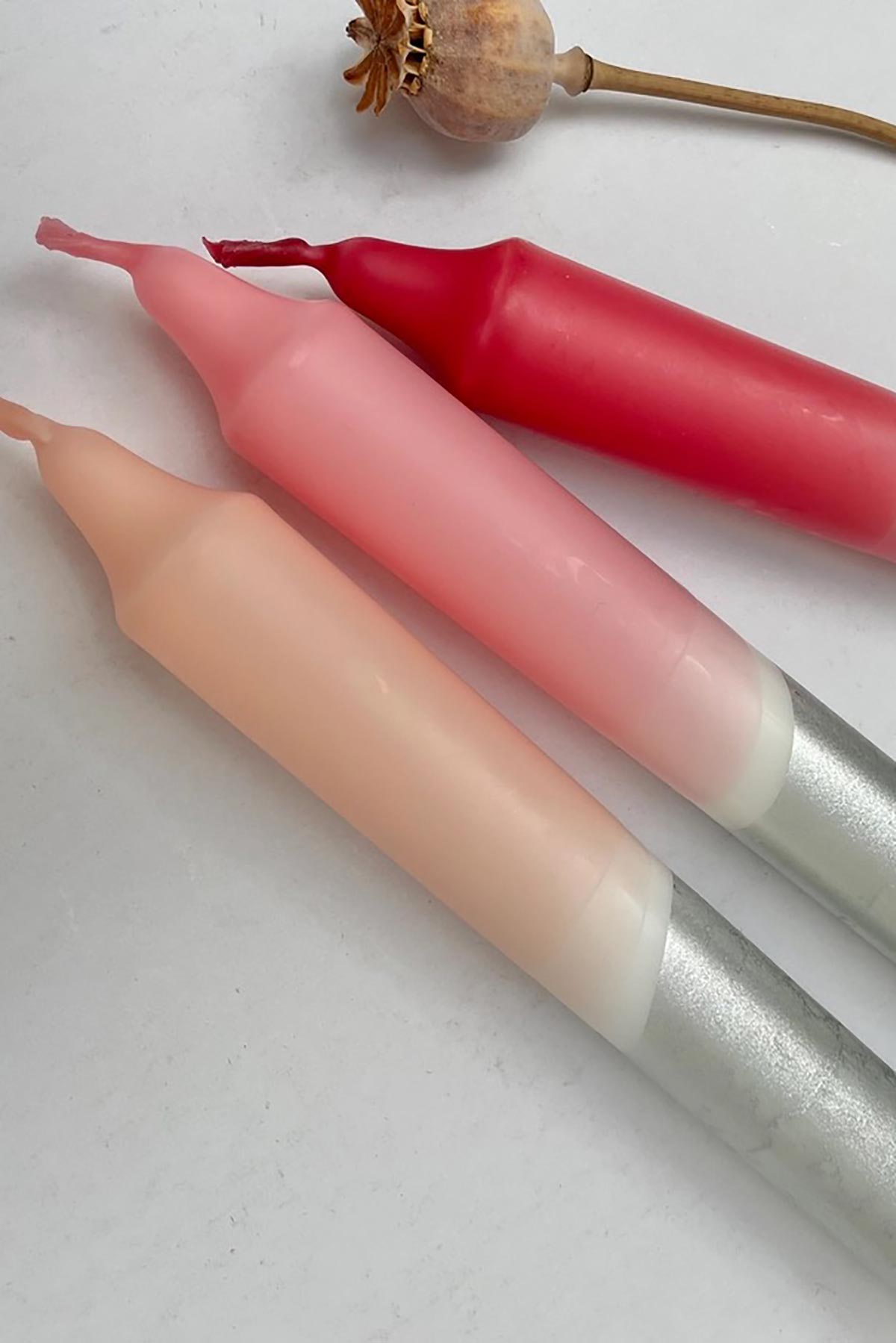 The Singing Rabbit Berry Tones & Silver Dip Dyed Dinner Candles | Set Of 3
