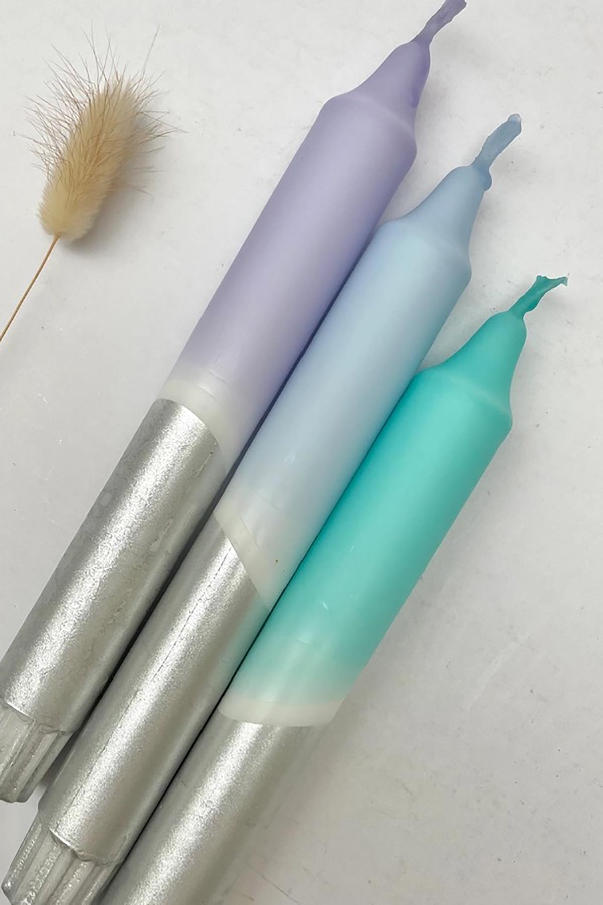 The Singing Rabbit Icy Hues & Silver Dip Dyed Dinner Candles | Set Of 3