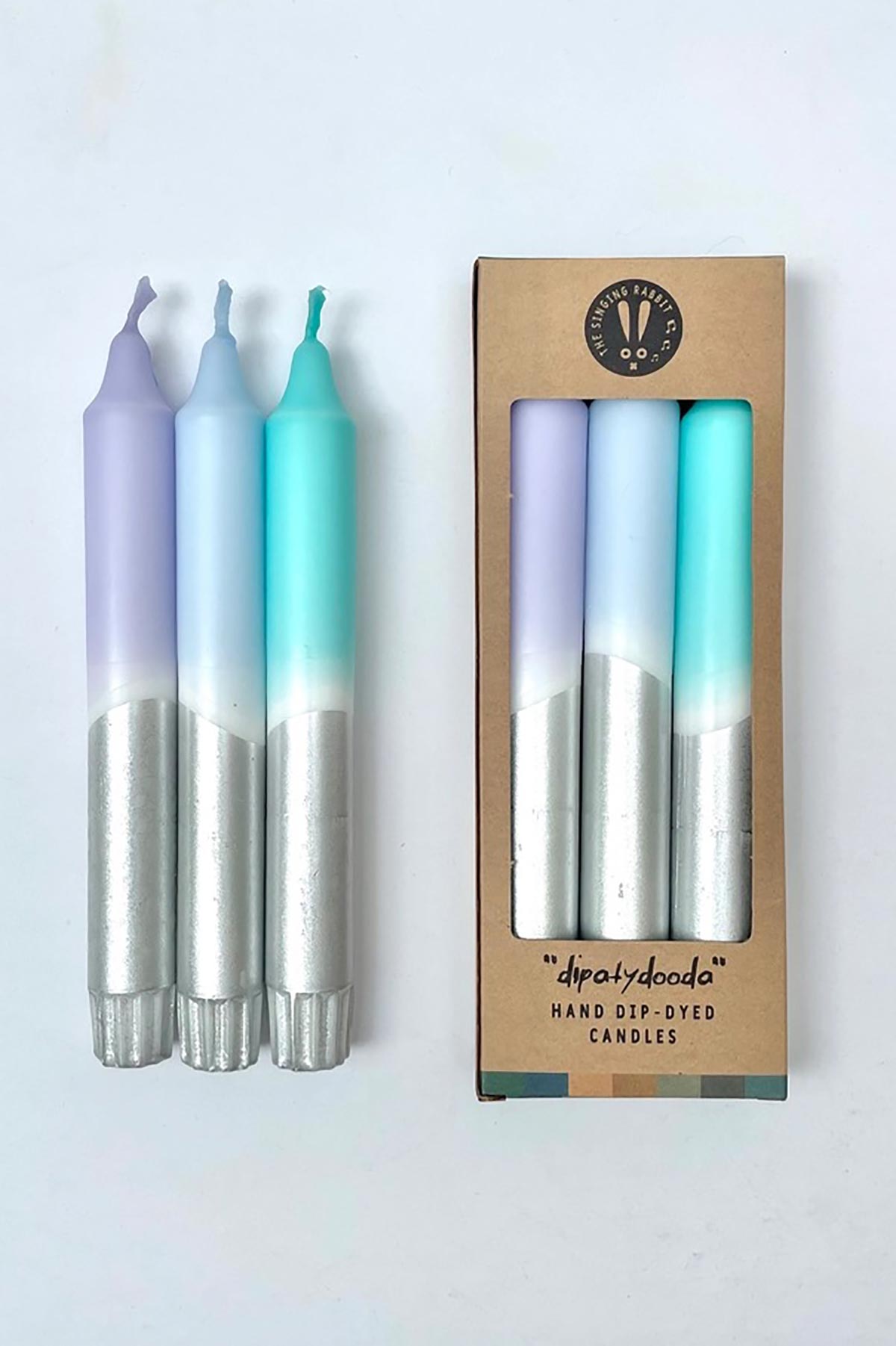 The Singing Rabbit Icy Hues & Silver Dip Dyed Dinner Candles | Set Of 3