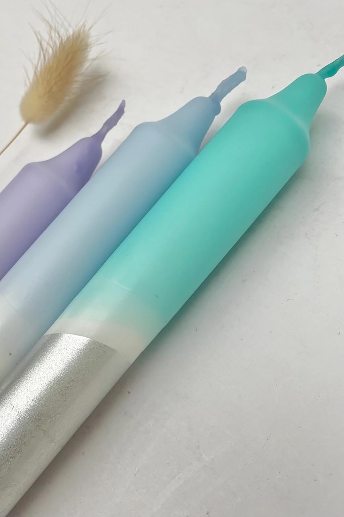 The Singing Rabbit Icy Hues & Silver Dip Dyed Dinner Candles | Set Of 3