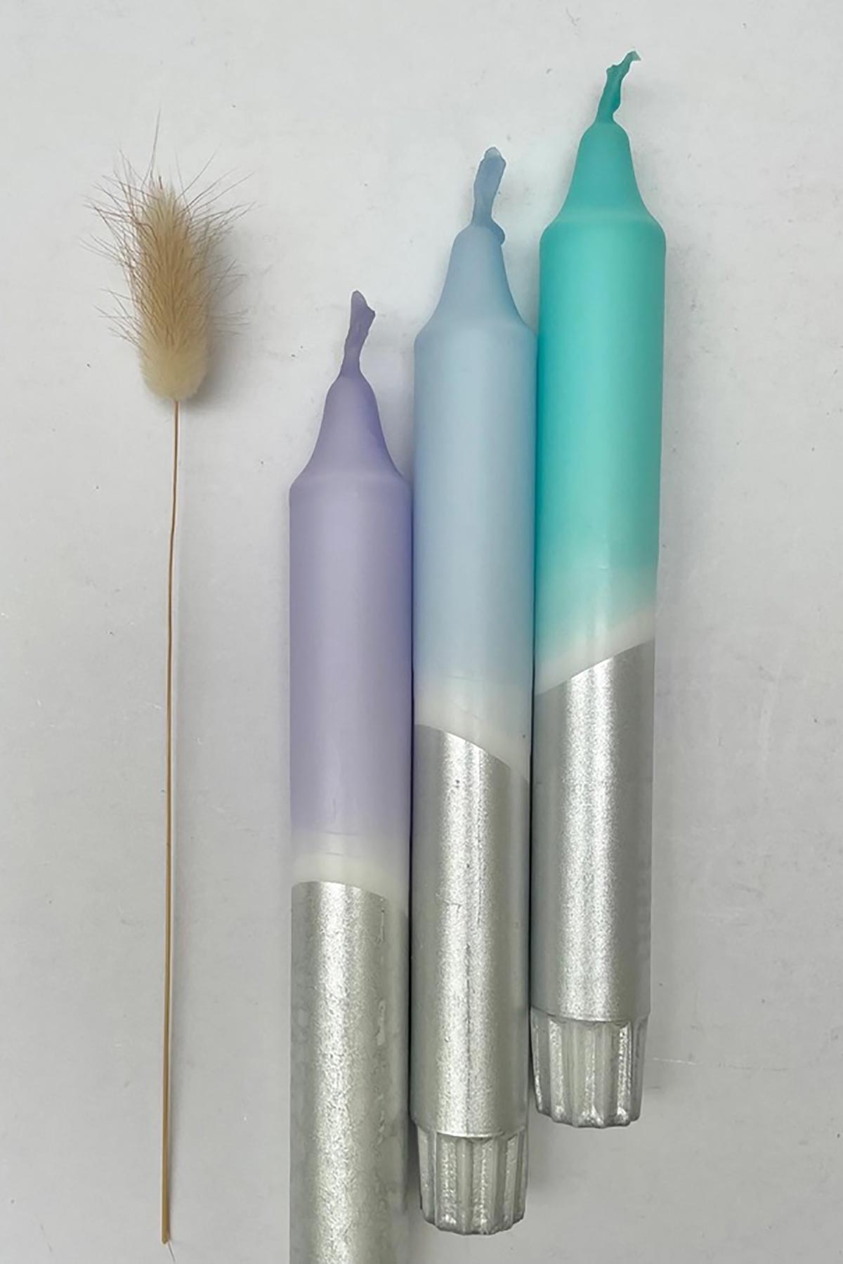 The Singing Rabbit Icy Hues & Silver Dip Dyed Dinner Candles | Set Of 3