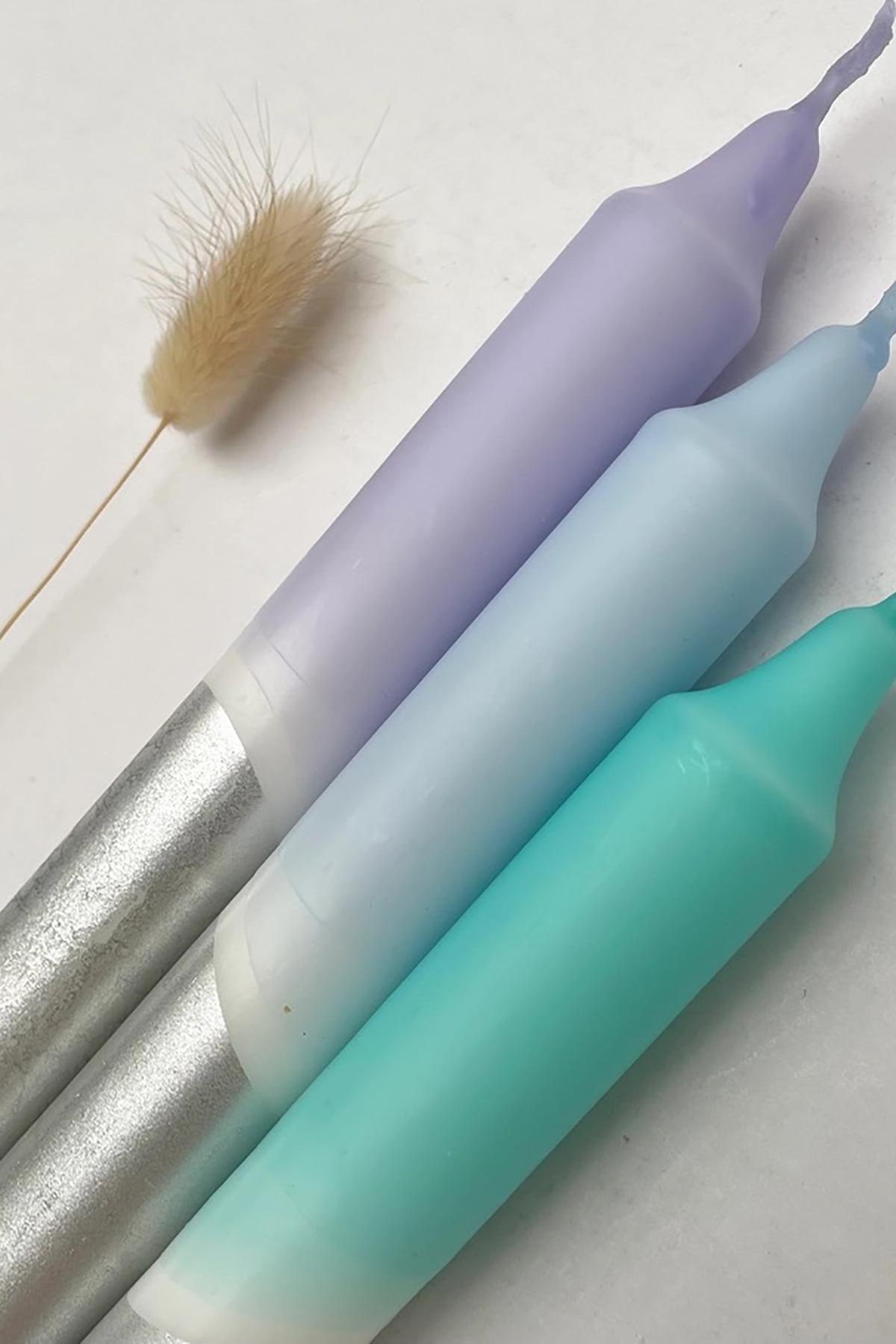 The Singing Rabbit Icy Hues & Silver Dip Dyed Dinner Candles | Set Of 3