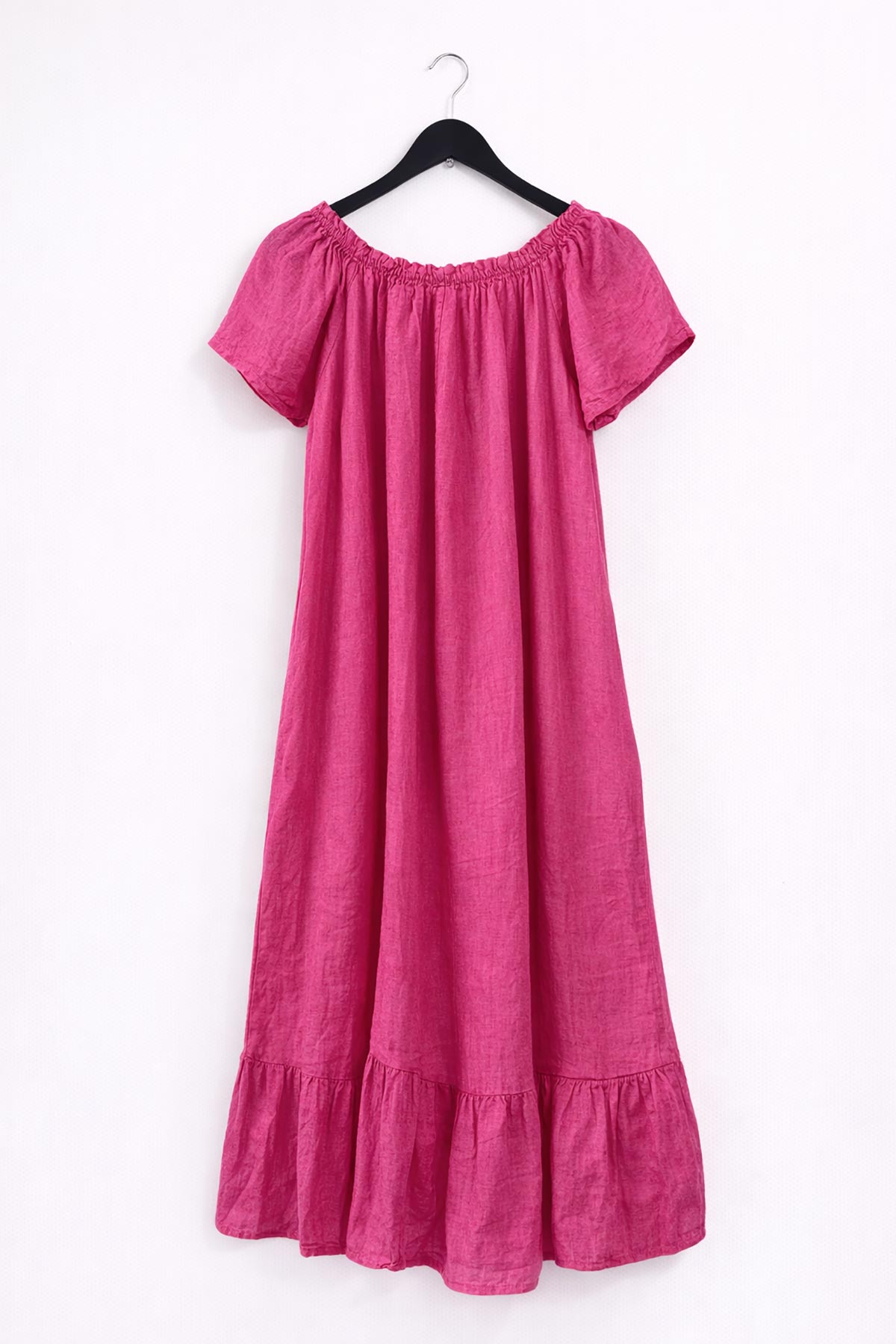 Linen Bardot Dress With Pockets In Fuchsia Pink