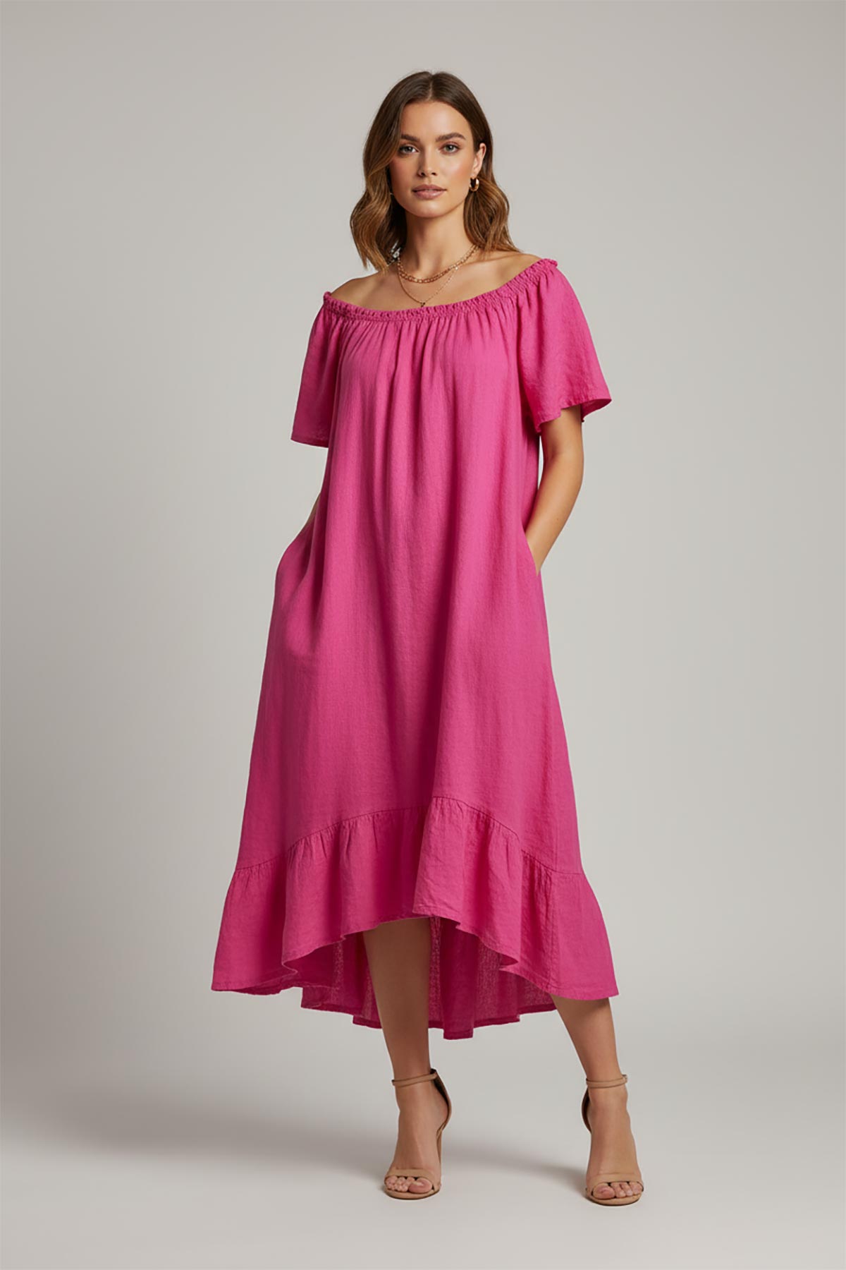 Linen Bardot Dress With Pockets In Fuchsia Pink