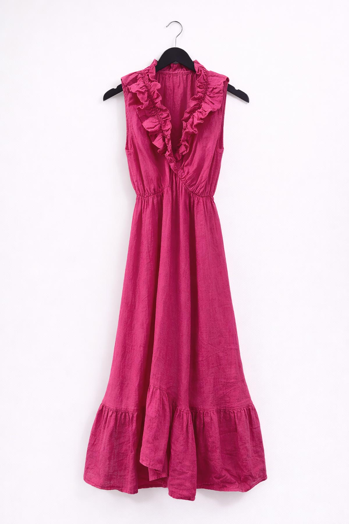 Linen Cross Over Midi Dress In Fuchsia Pink
