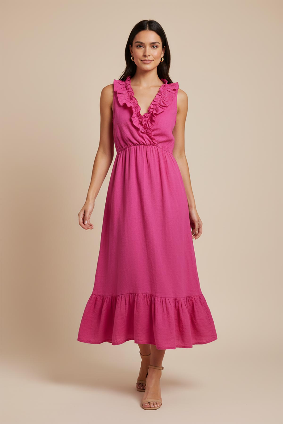Linen Cross Over Midi Dress In Fuchsia Pink