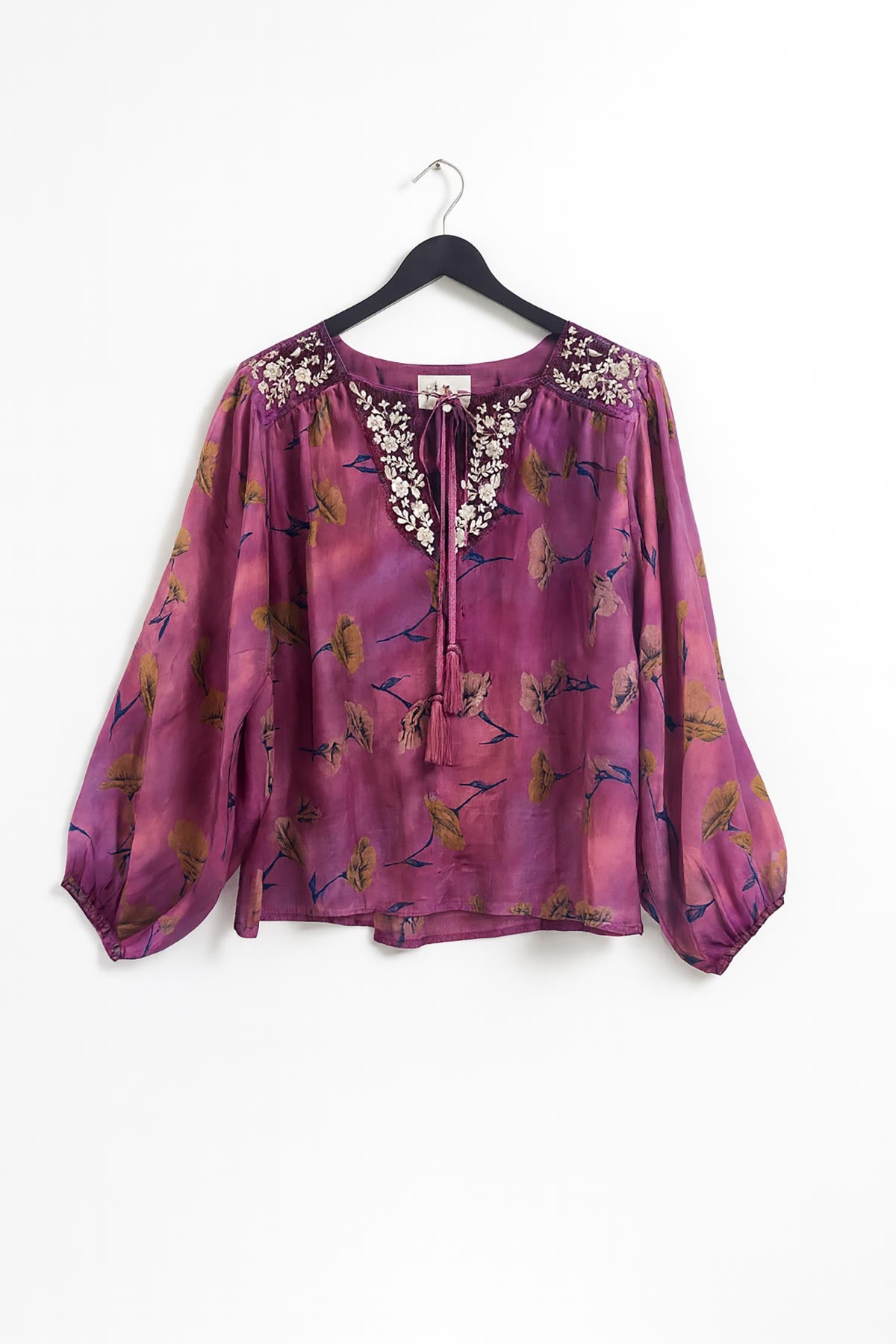 Pink Lemons Lolita Embroidered Silk Top Golden Poppies In Pink And Purple Haze detail