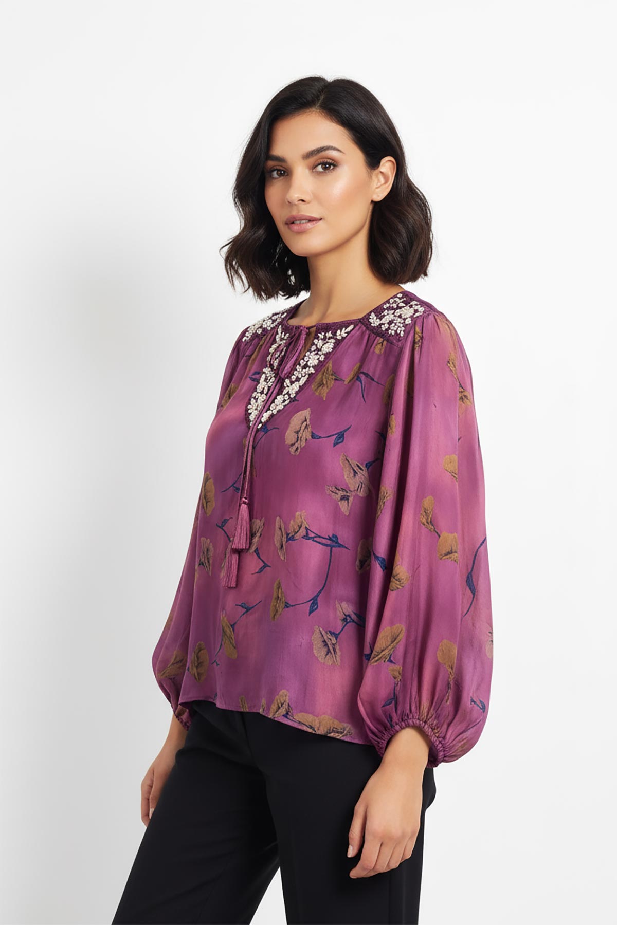 Pink Lemons Lolita Embroidered Silk Top Golden Poppies In Pink And Purple Haze lifestyle