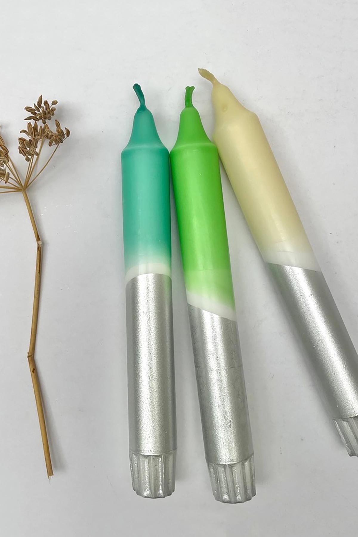 The Singing Rabbit Ocean Shades & Silver Dip Dyed Dinner Candles Set Of 3