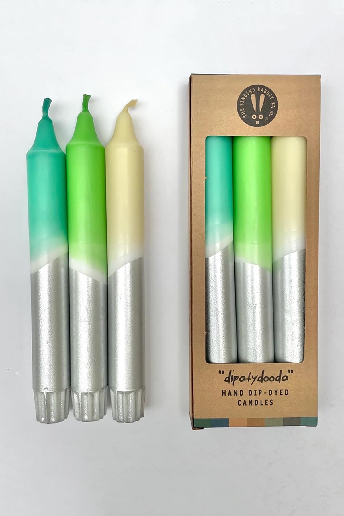The Singing Rabbit Ocean Shades & Silver Dip Dyed Dinner Candles Set Of 3