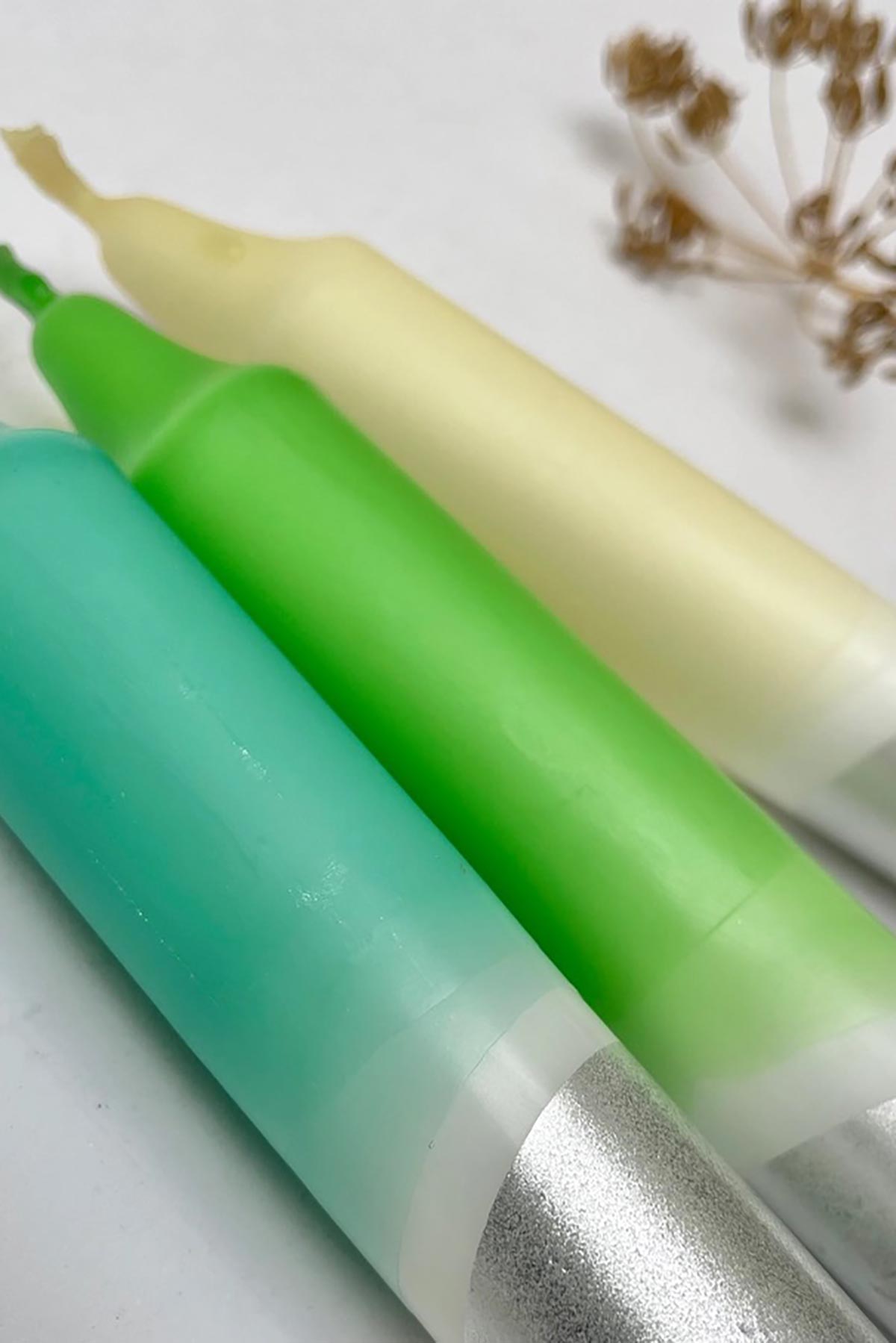 The Singing Rabbit Ocean Shades & Silver Dip Dyed Dinner Candles Set Of 3