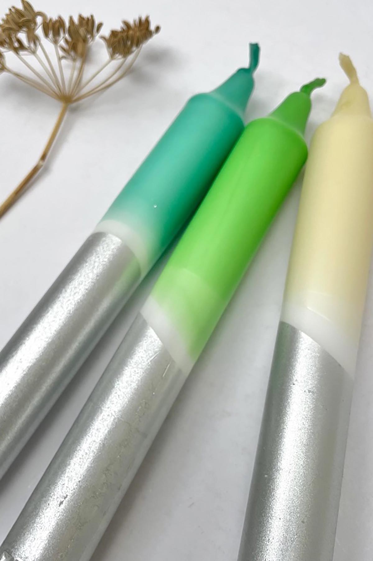 The Singing Rabbit Ocean Shades & Silver Dip Dyed Dinner Candles Set Of 3