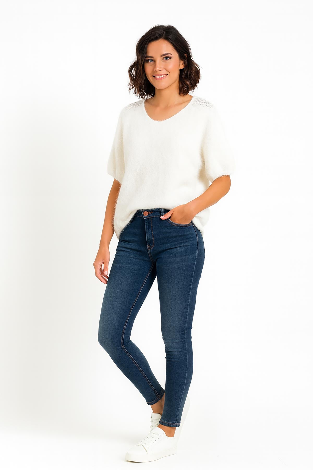 Urban Wild Short Sleeve Woolly Top In White lifestyle