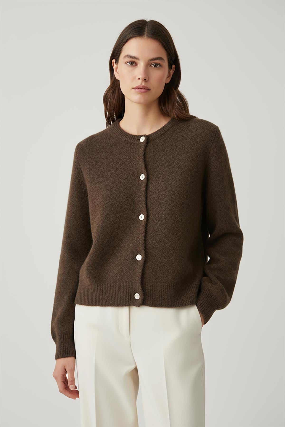 Brown alpaca blend cardigan with mother of pearl buttons, made in Italy lifestyle