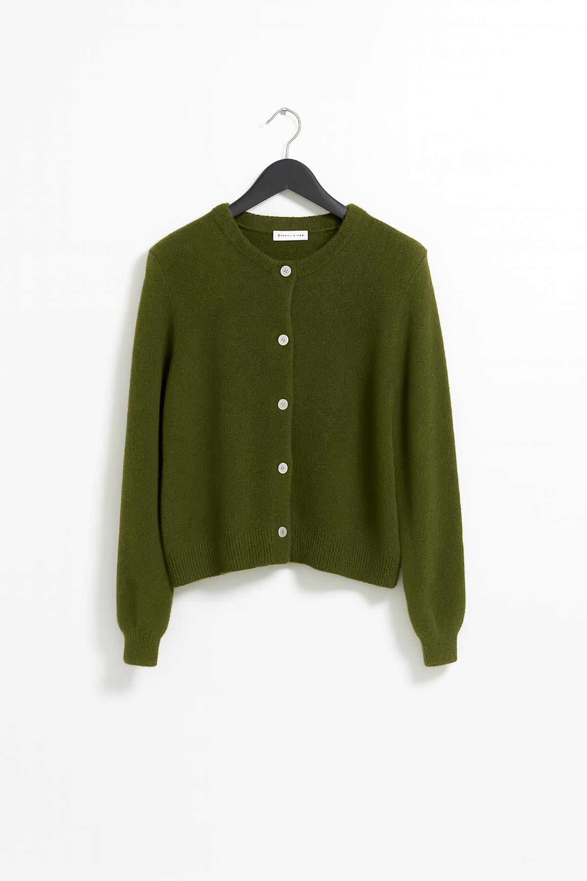 Olive alpaca blend cardigan with mother of pearl buttons, made in Italy product