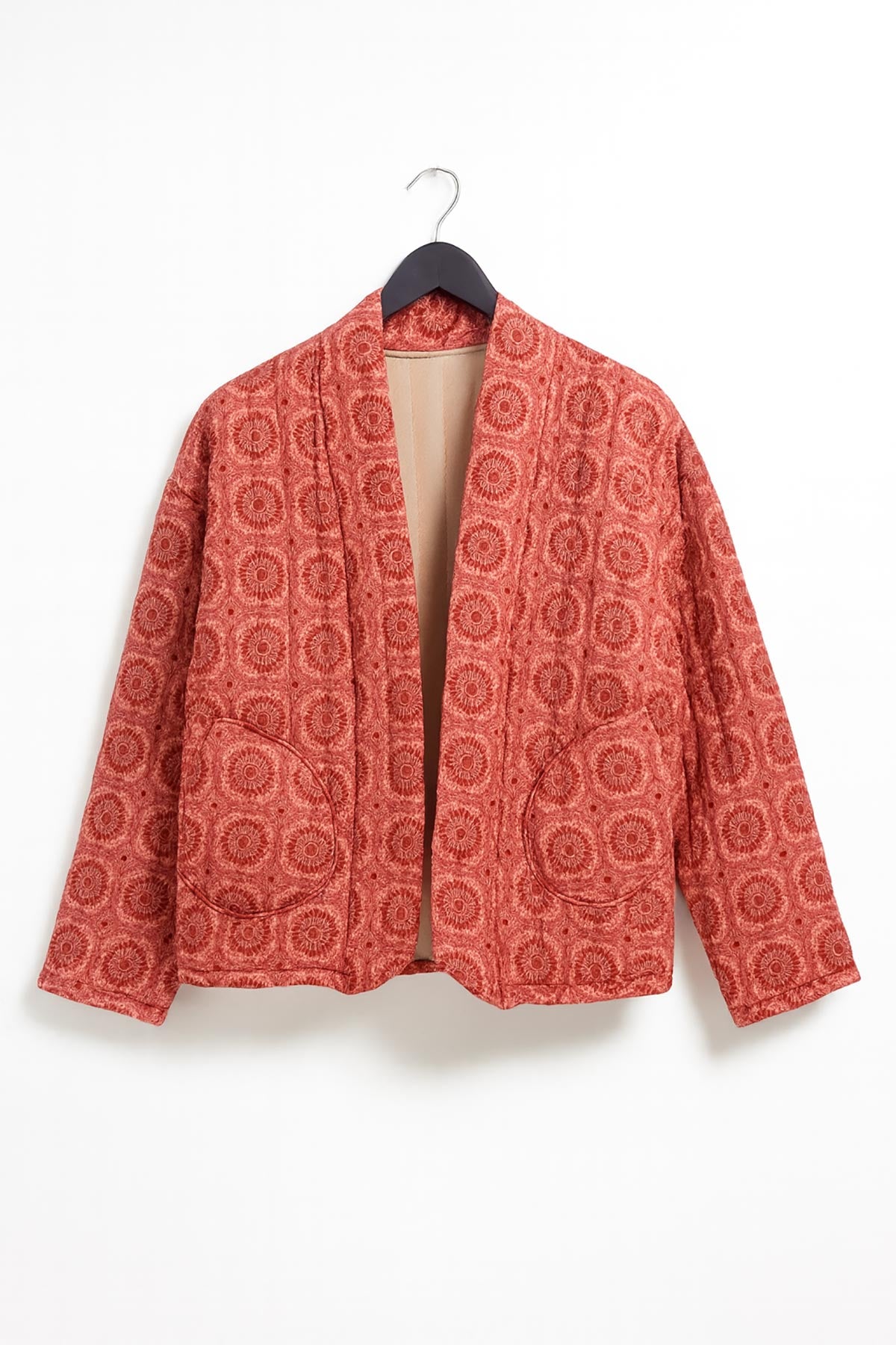 Close-up of Amara Quilted Kimono Jacket showing mandala print texture