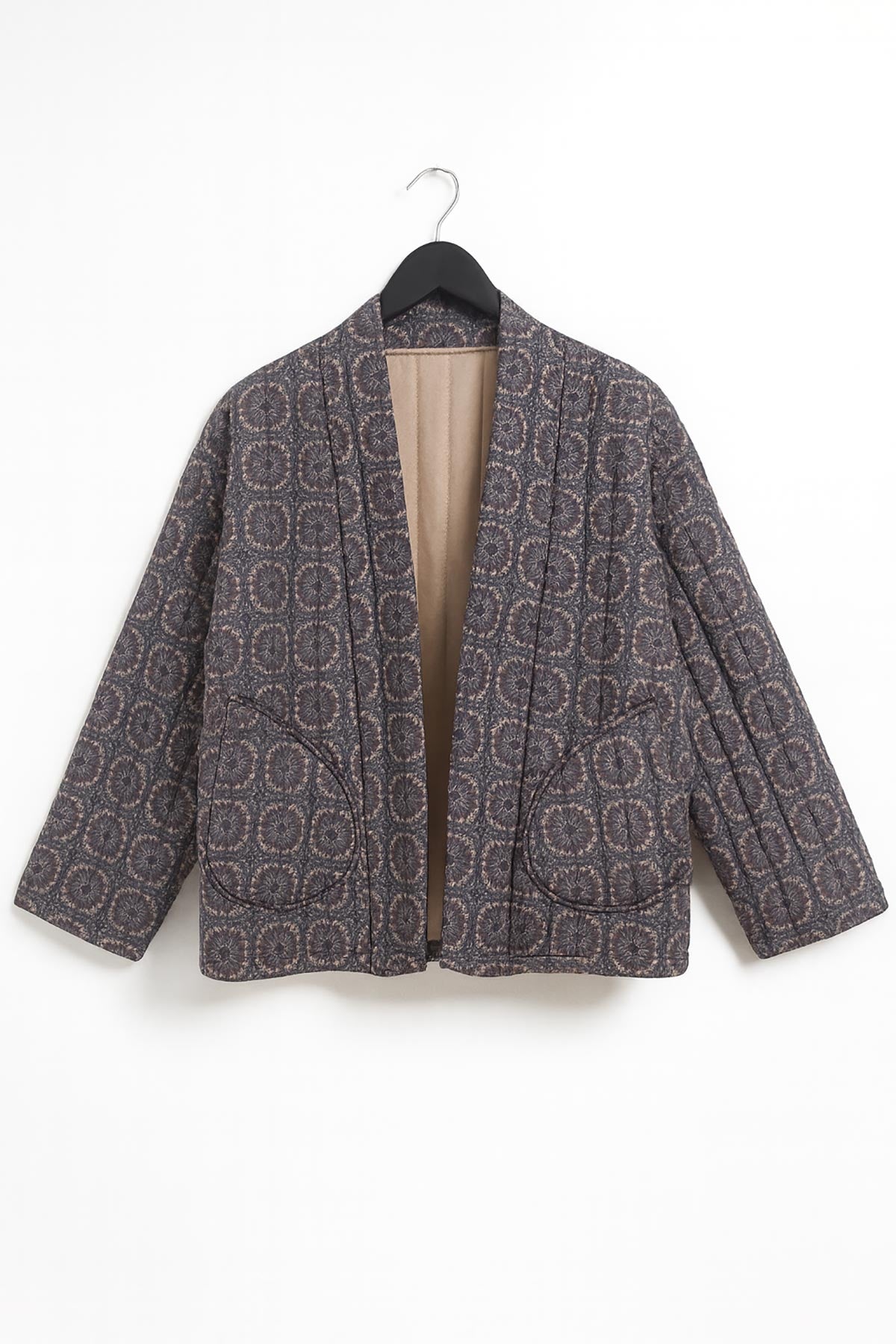 Close-up of Amara Quilted Kimono Jacket showing quilted fabric detail