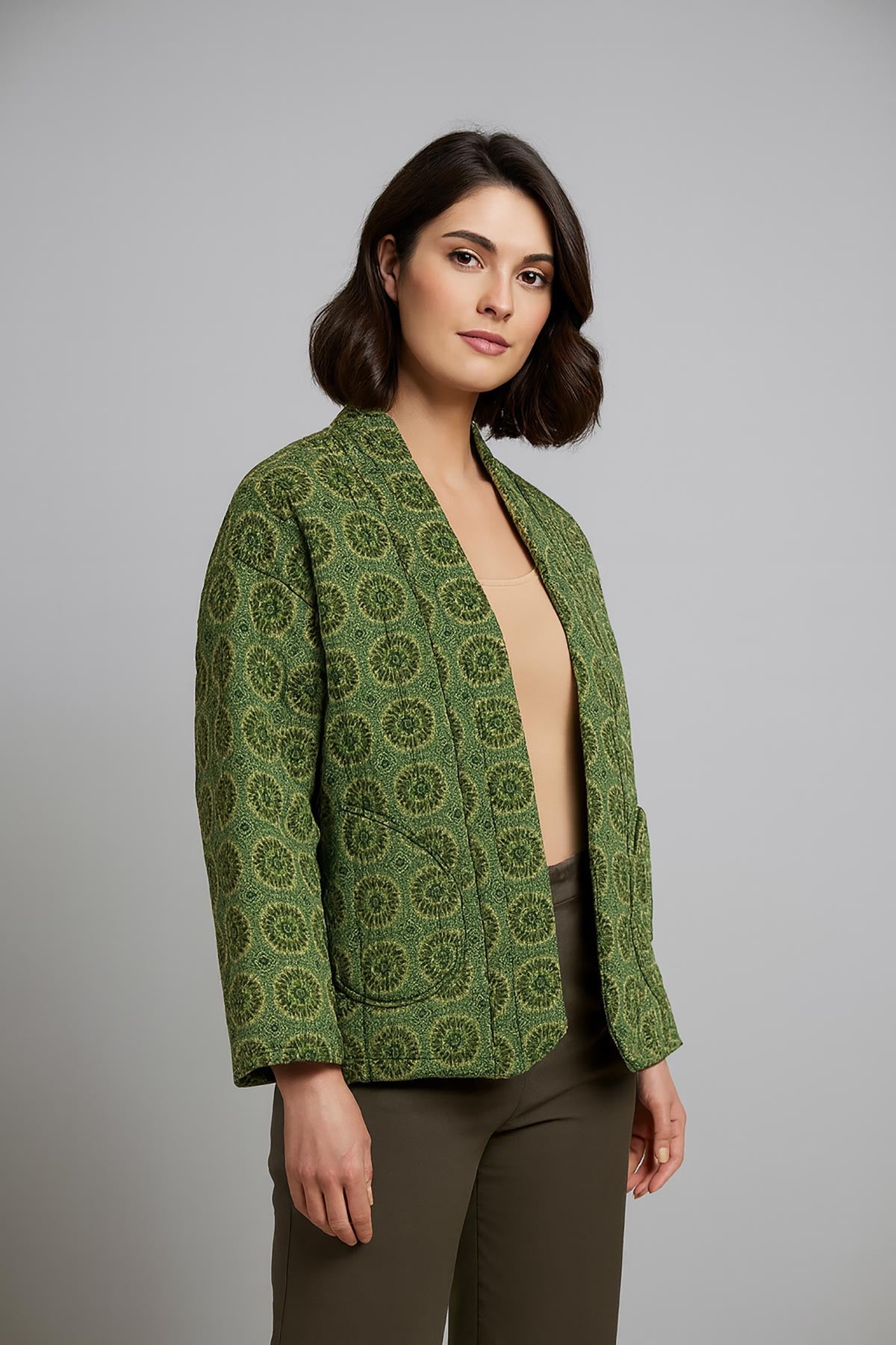 Amara Quilted Kimono Jacket in green mandalas – cotton quilted kimono jacket