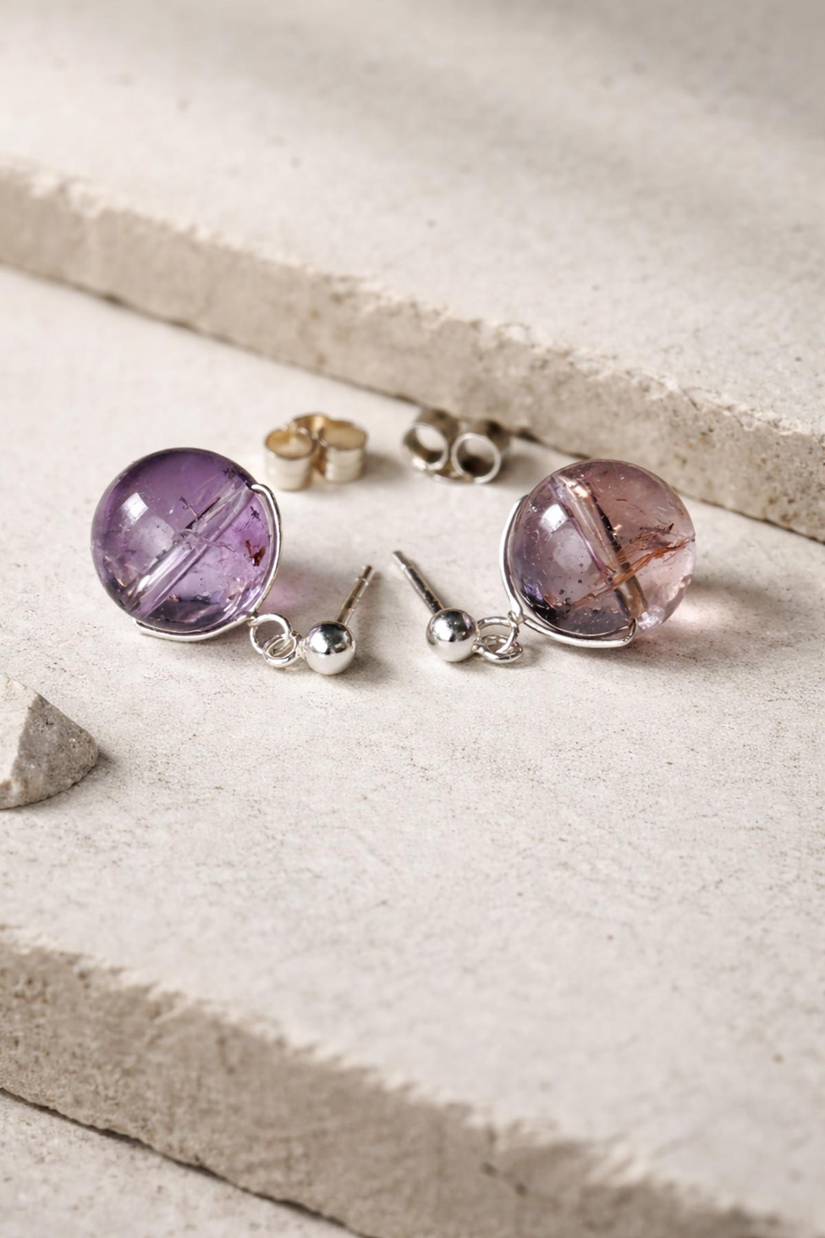 Ametrine stud earrings detail view