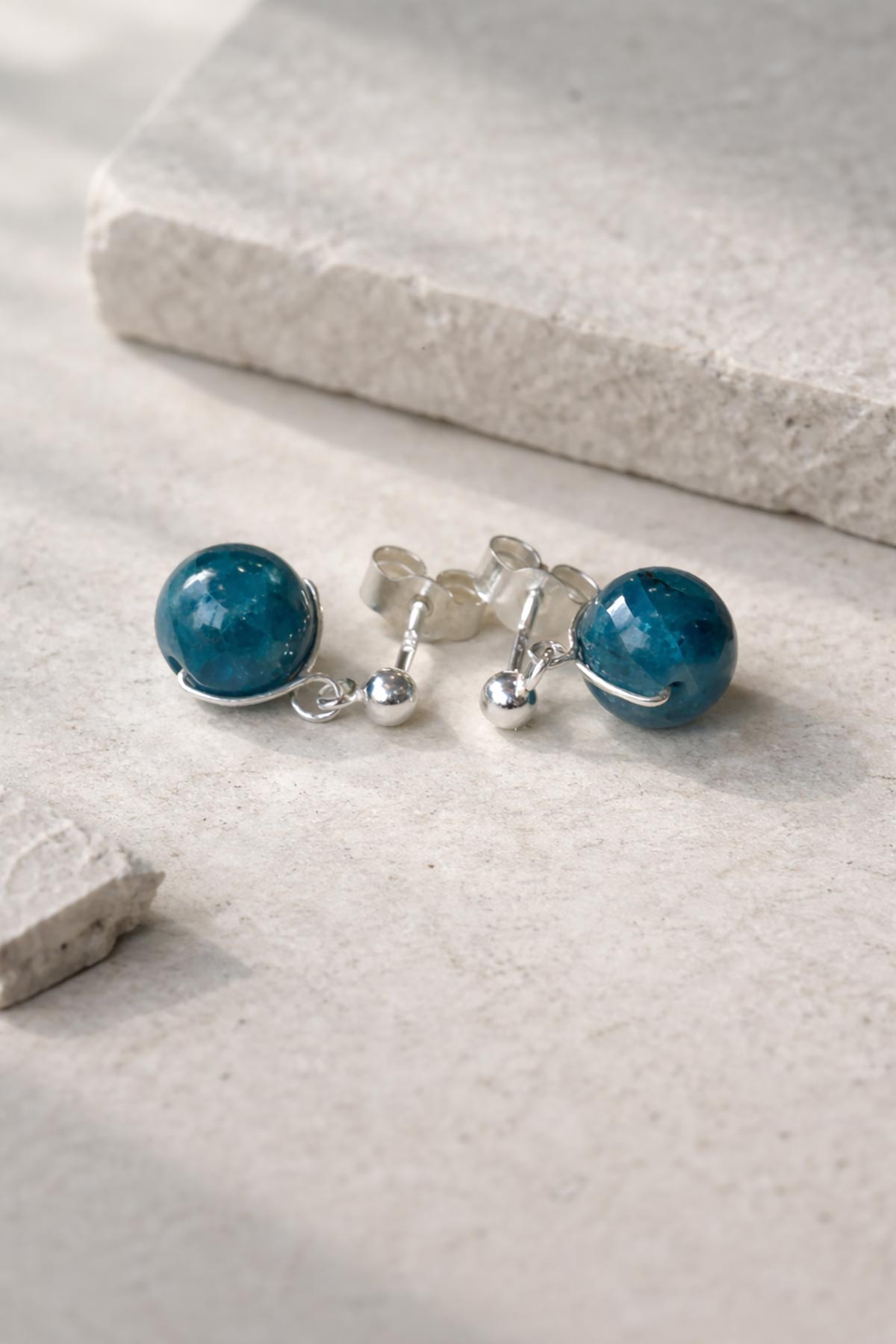 Handmade apatite stud earrings by Twigs & Stones