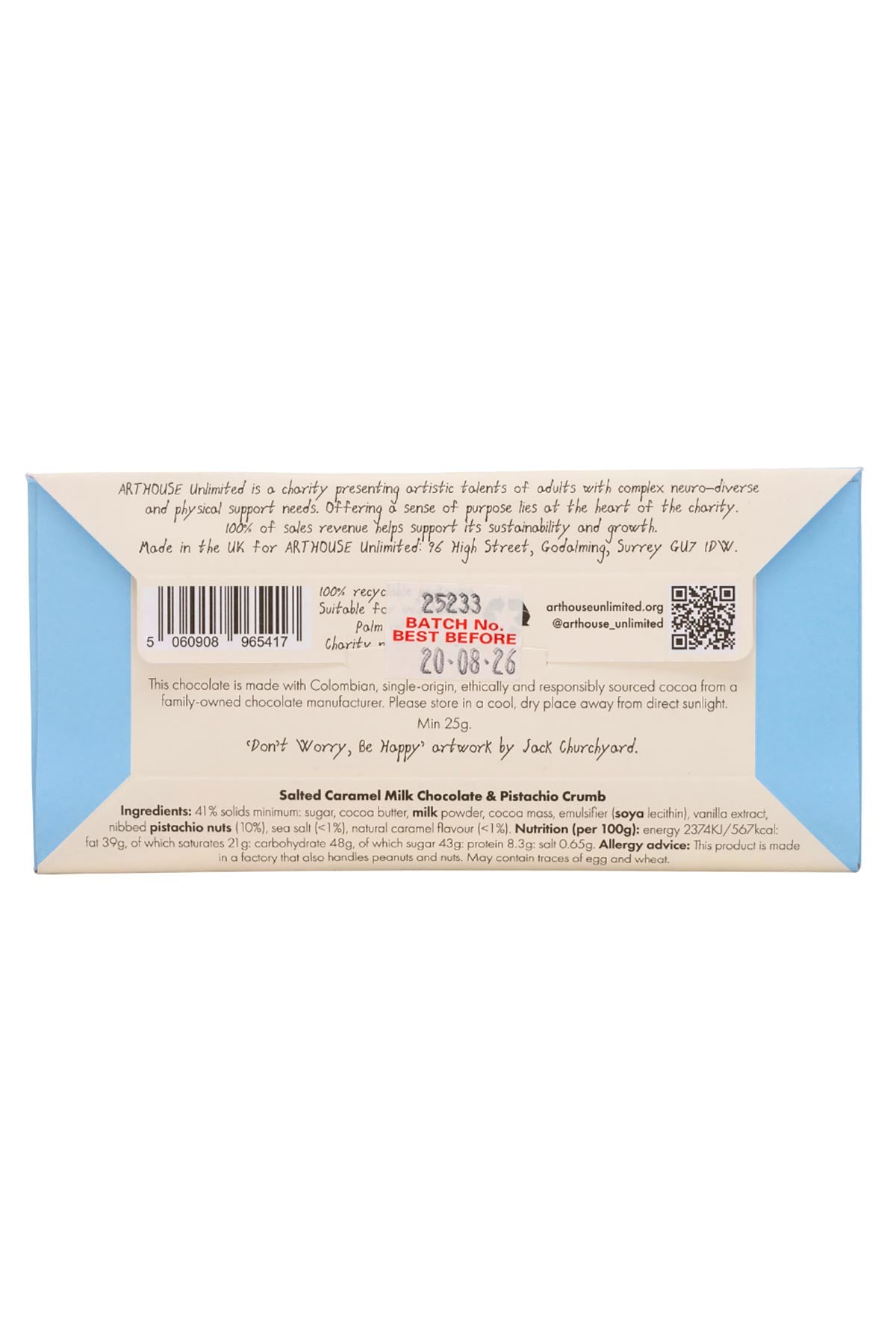 Joy Sized Be Happy chocolate bar in colourful artist-designed packaging ingredients