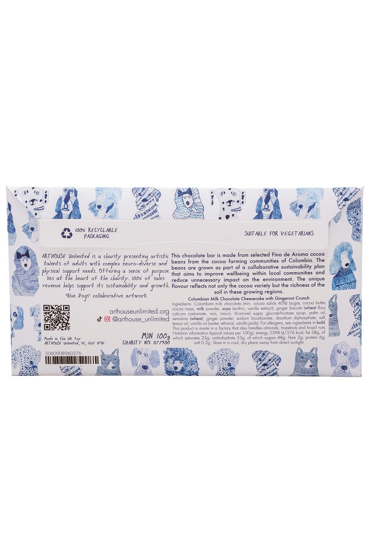 Blue Dogs Chocolate Bar with artist-illustrated blue dog design ingredients