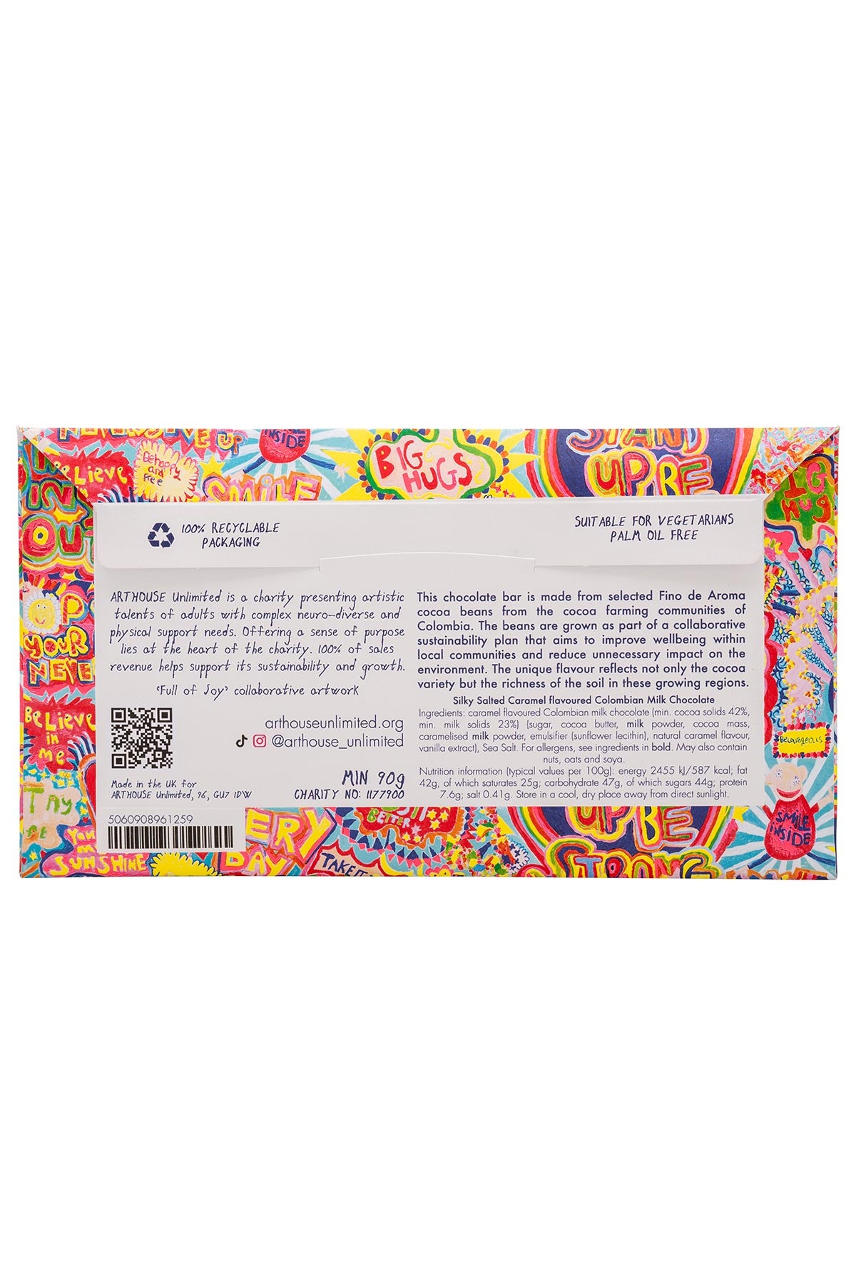 Full of Joy chocolate bar wrapped in colourful artist artwork ingredients