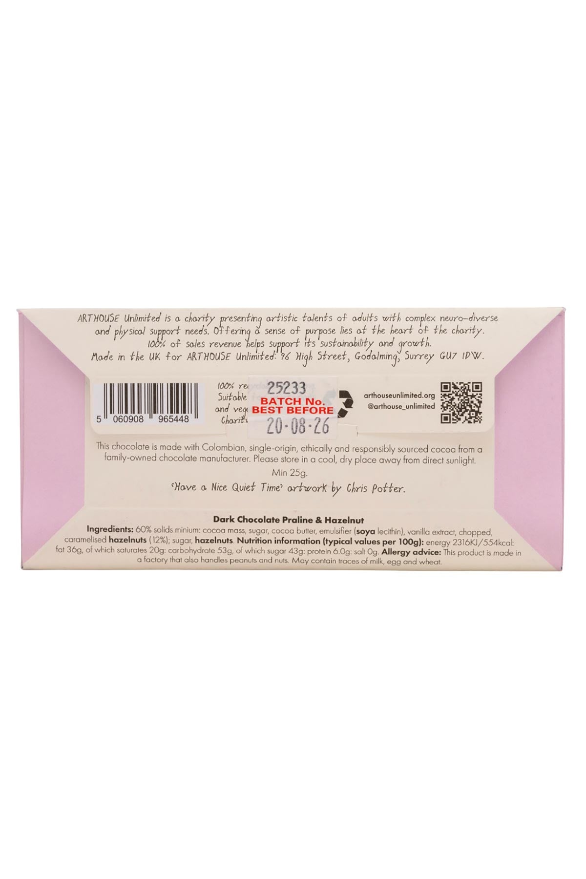 Joy Sized Have A Nice Quiet Time chocolate bar wrapped in calming artist artwork ingredients