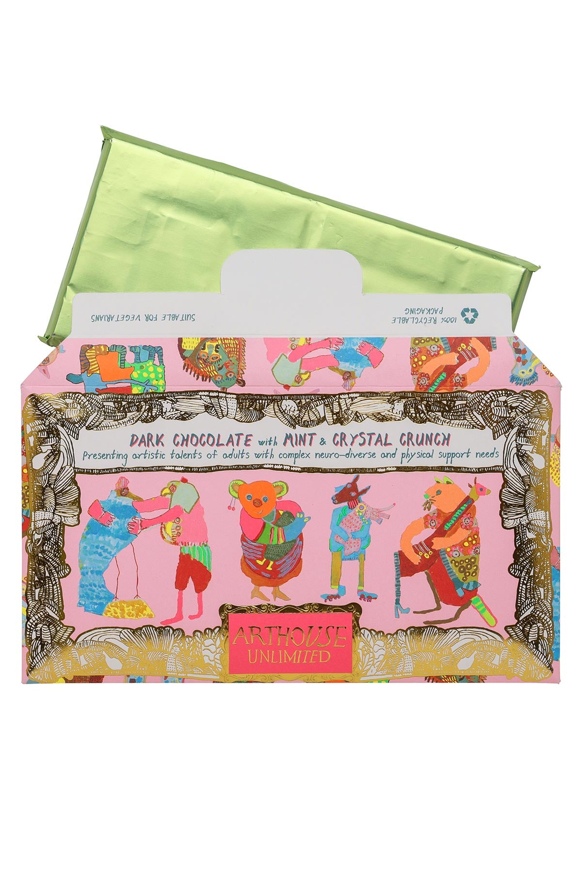ARTHOUSE Unlimited Hugging Animals Dark Chocolate Bar with mint and crystal crunch