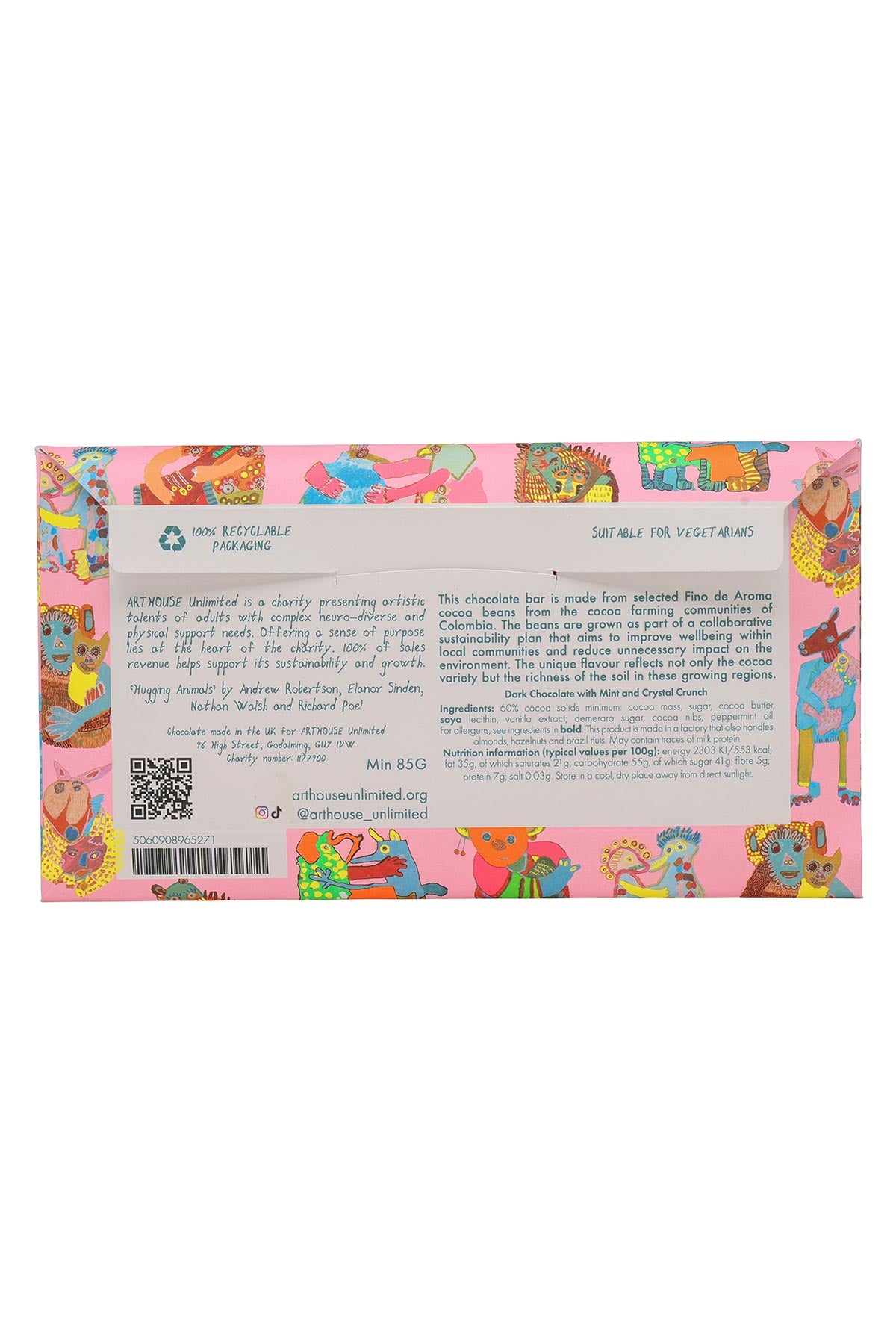 Hugging Animals chocolate bar wrapped in colourful artwork with animal illustrations ingredients