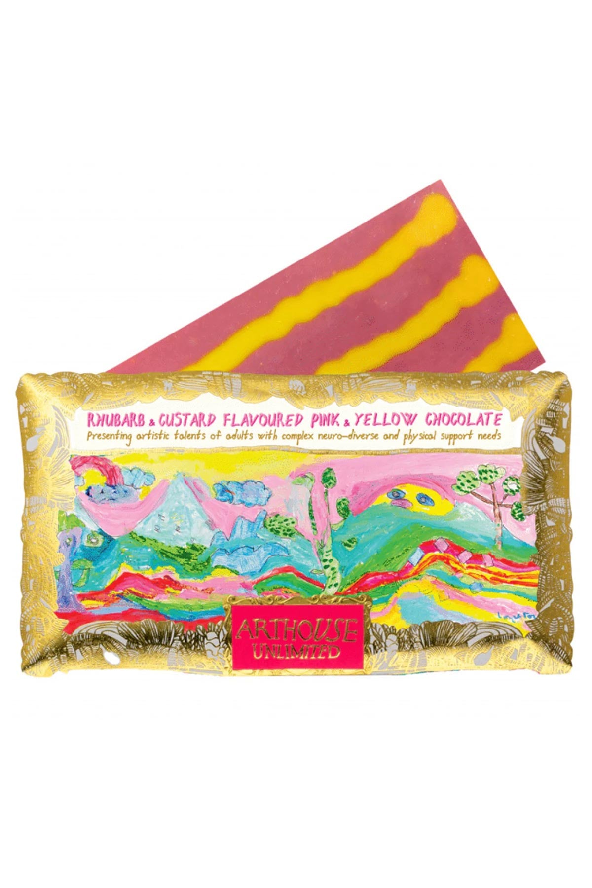 ARTHOUSE Unlimited Peace Rhubarb & Custard Chocolate Bar pink and yellow design