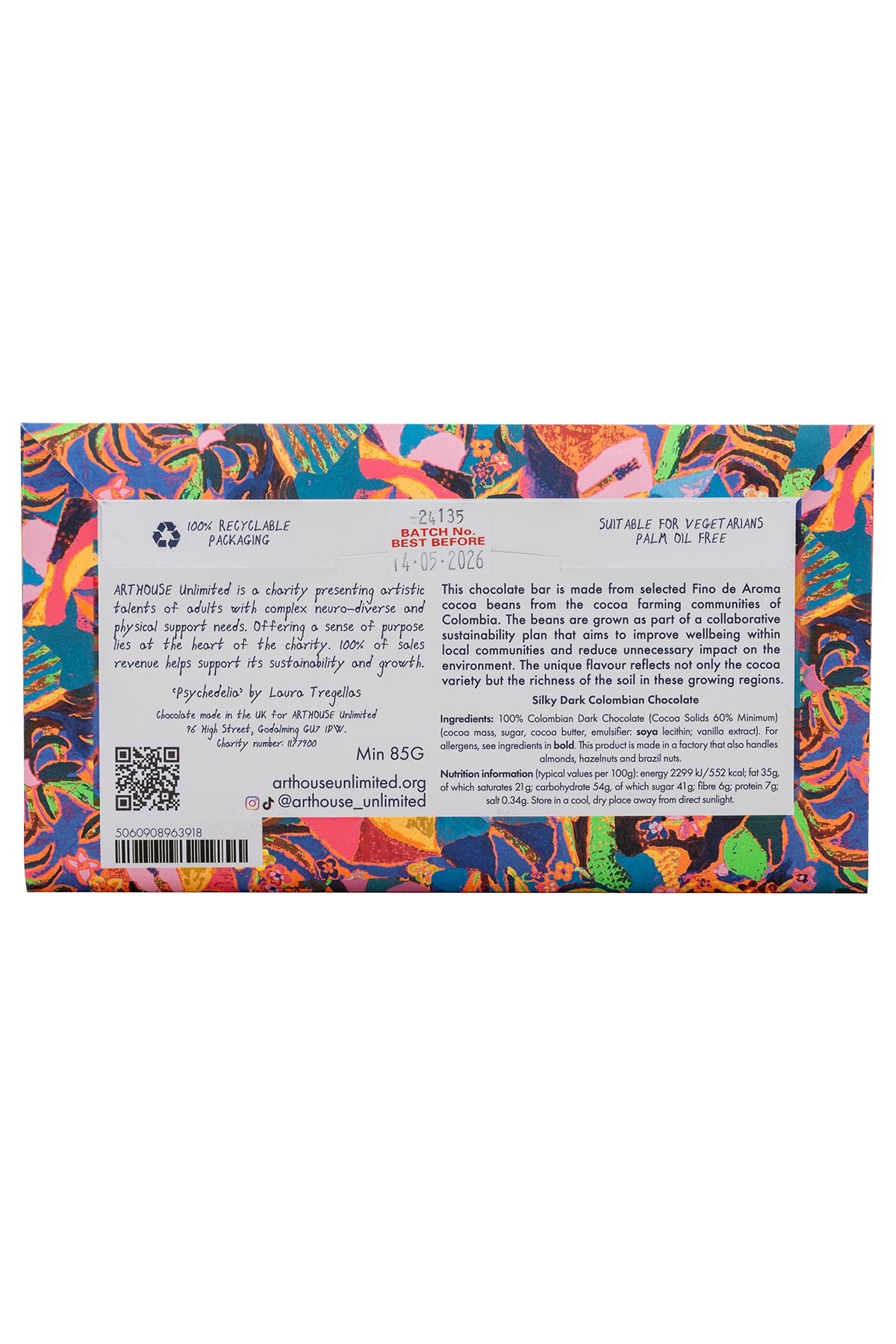 Psychodelia chocolate bar wrapped in colourful artist design ingredients