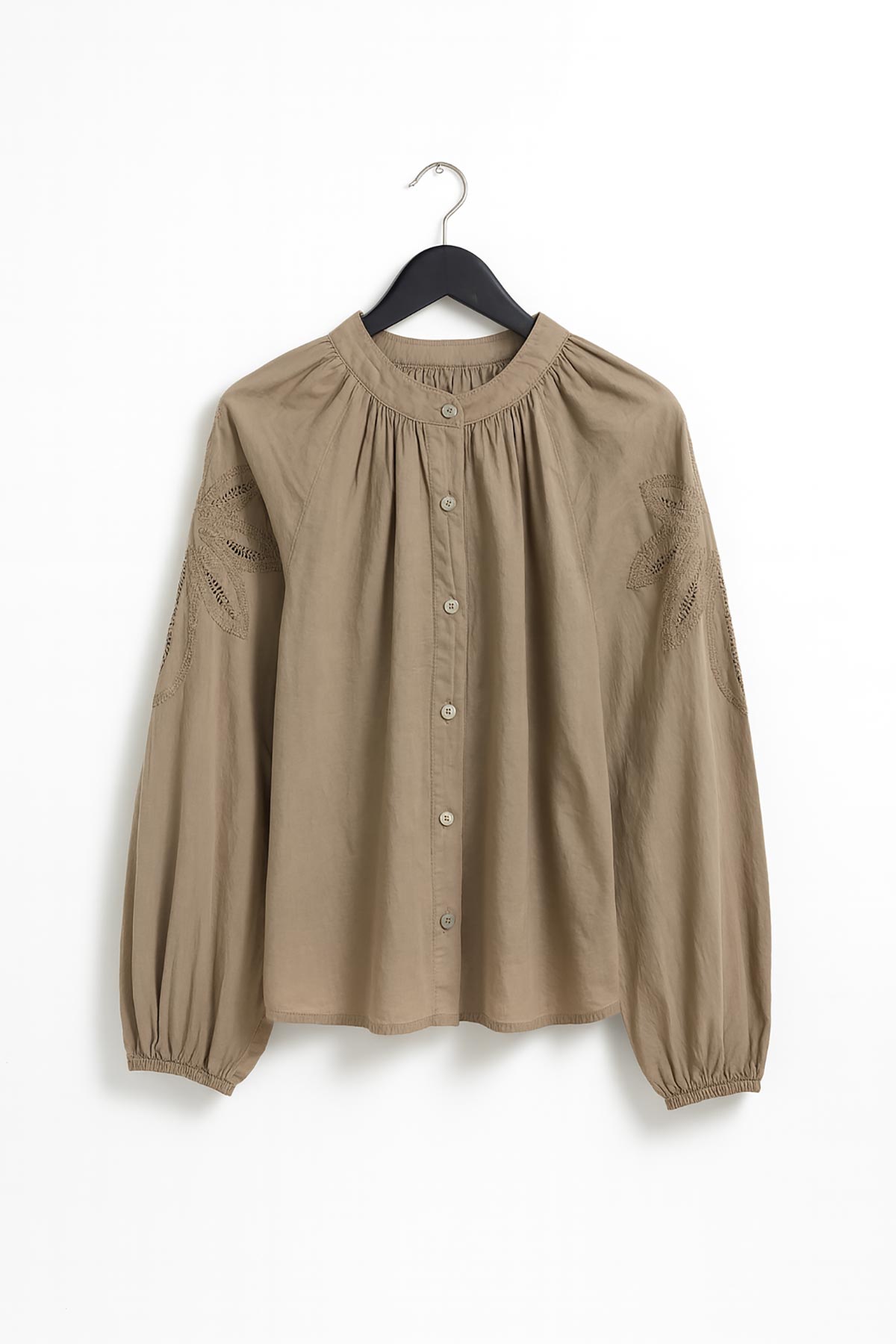 Aurelia Cotton Lace Blouse styled with neutral trousers – lightweight cotton blouse