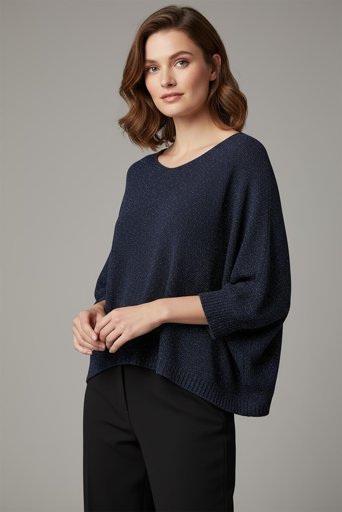 Aurora Lurex Batwing Knit Top in navy – Italian lurex knit top with 3/4 sleeves