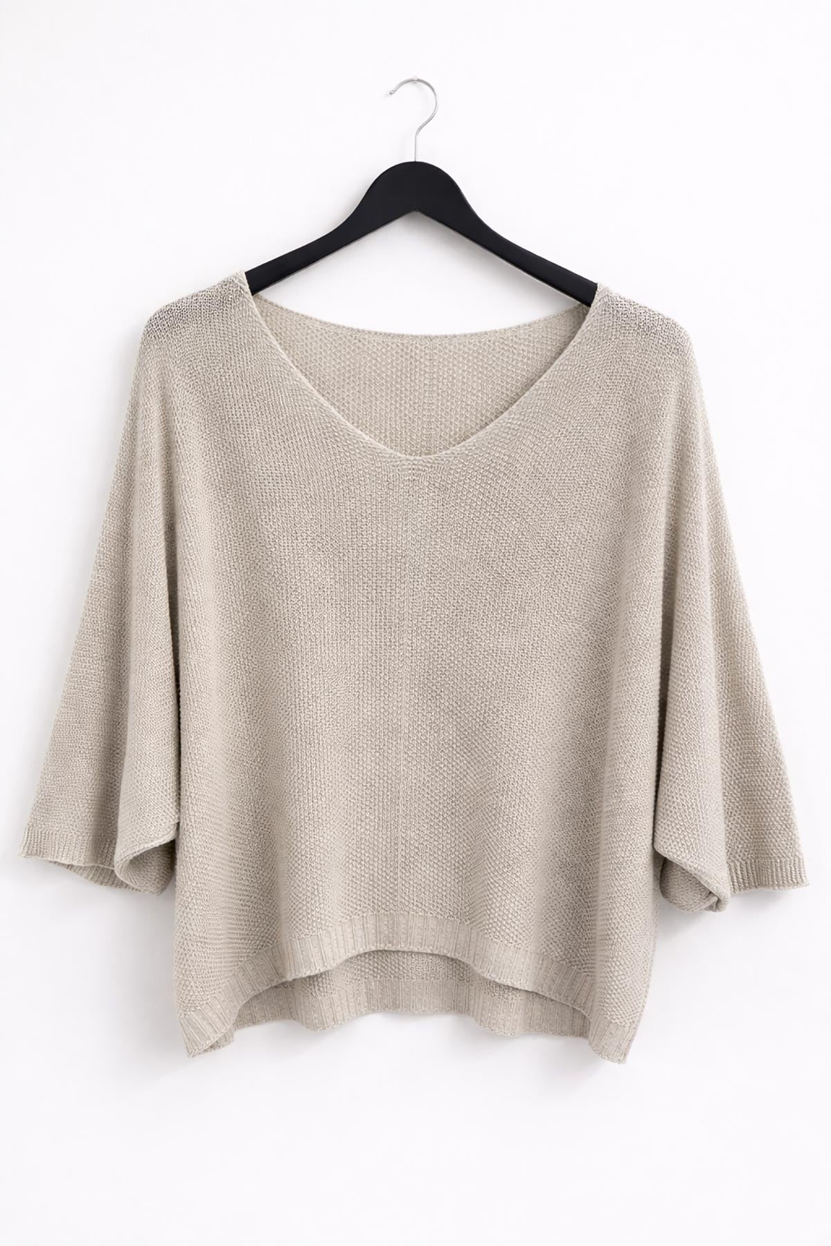 Close-up of Aurora knit top in sand showing lurex shimmer and soft knit texture