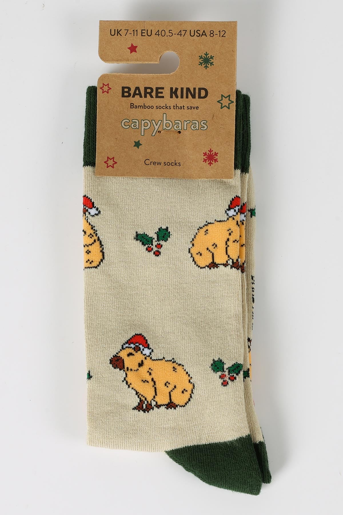 Bare Kind Christmas Capybara Bamboo Socks with festive pattern