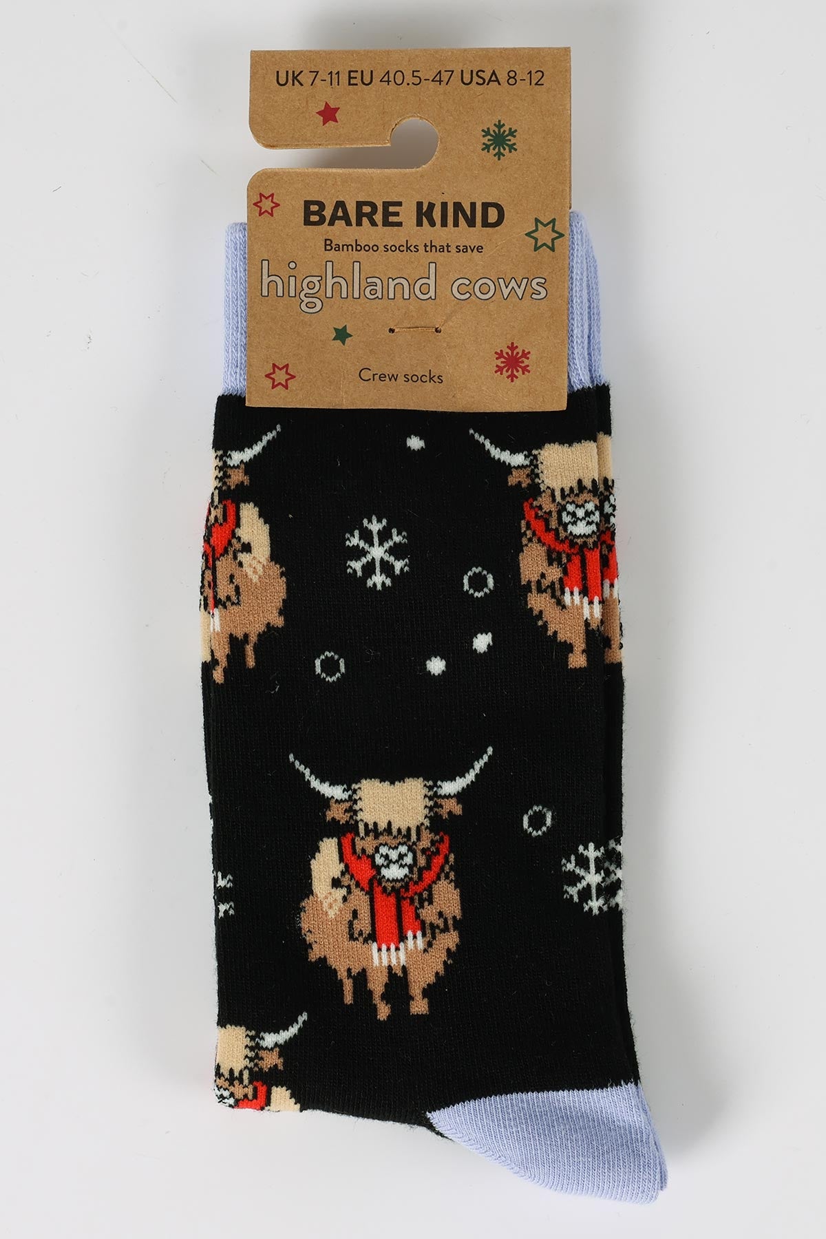 Bare Kind Christmas Highland Cow Bamboo Socks festive pattern packaging