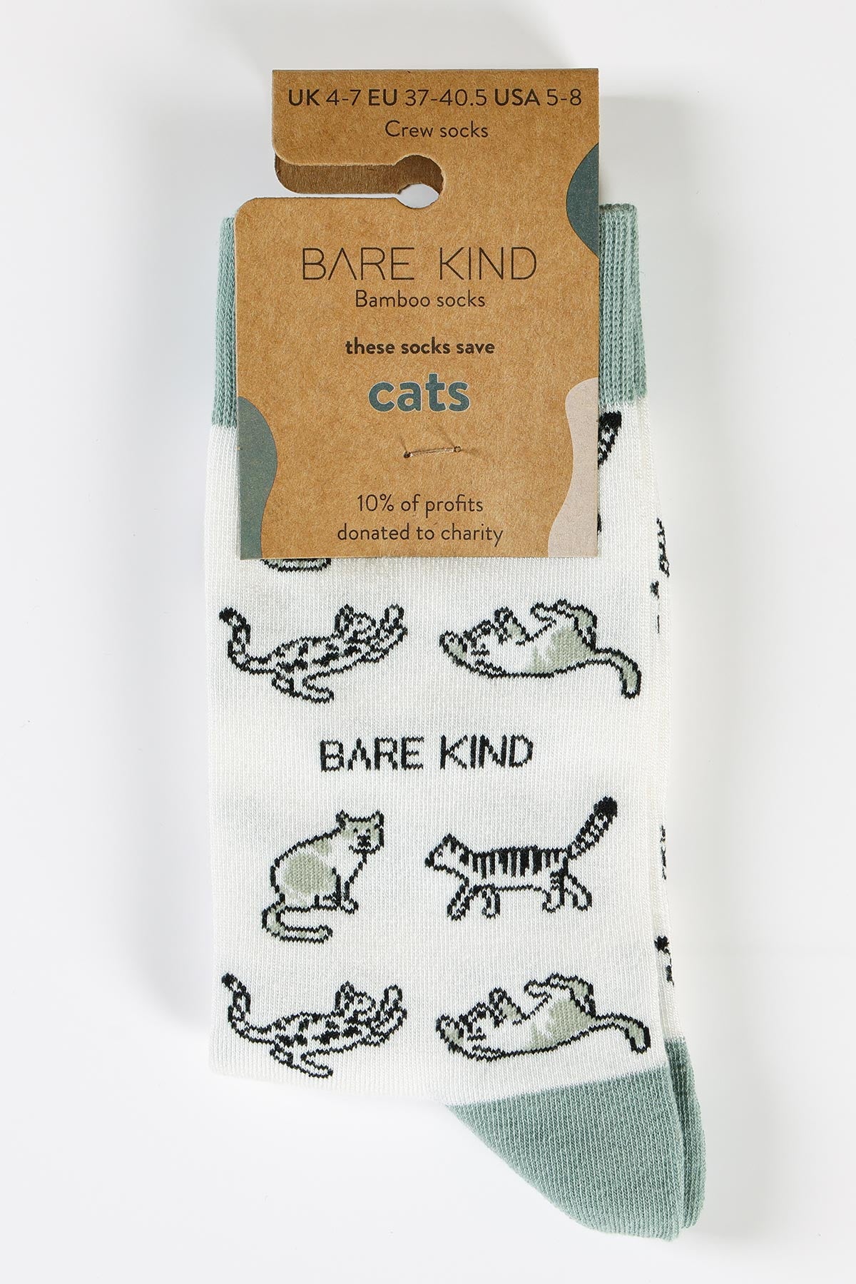 Bare Kind Save the Cats Bamboo Socks white and green design