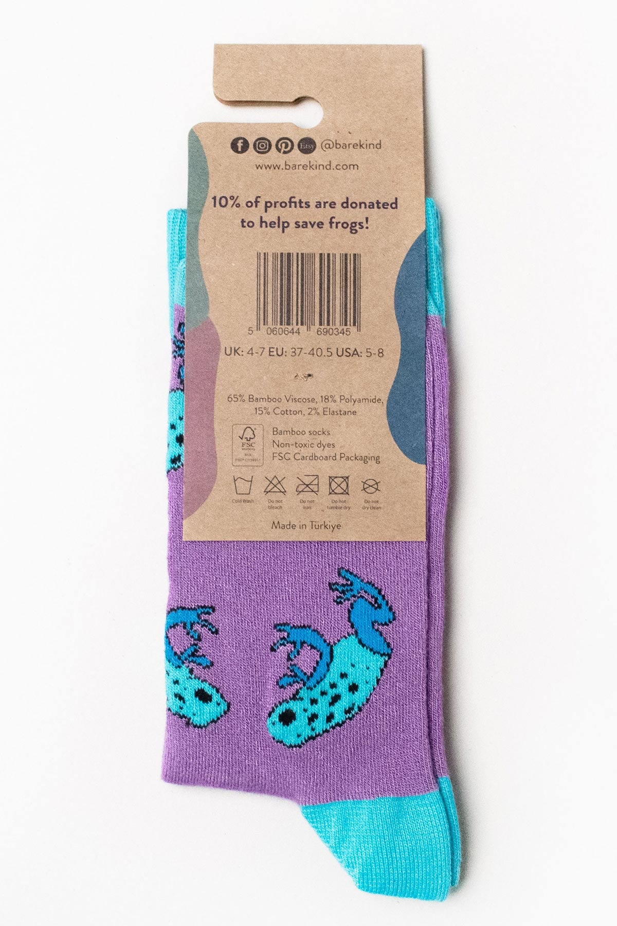 Bare Kind Save the Frogs bamboo socks in green with frog pattern packaging