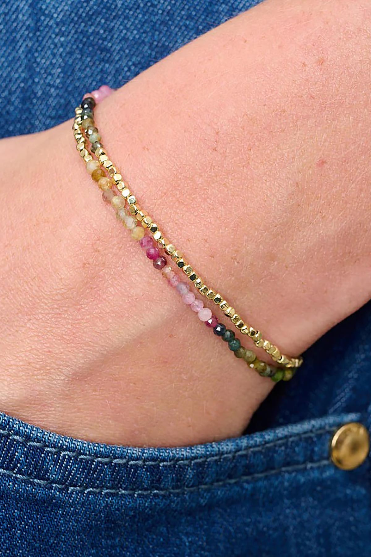 Juniper double strand bracelet worn on wrist