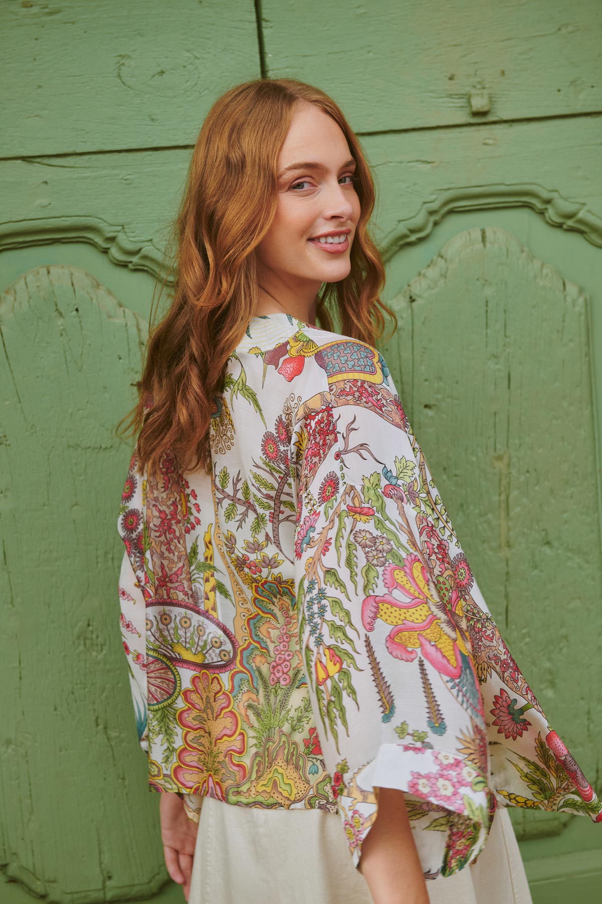 Ecru botanical printed modal and cupro kimono