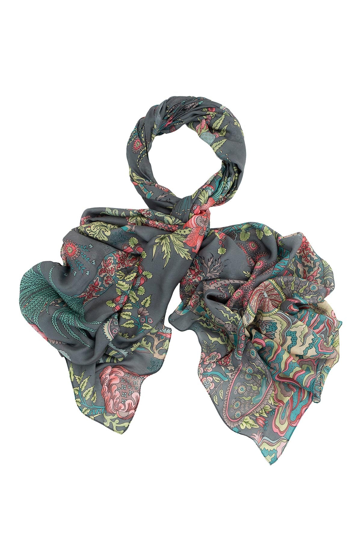 Grey botanical printed modal and cupro scarf