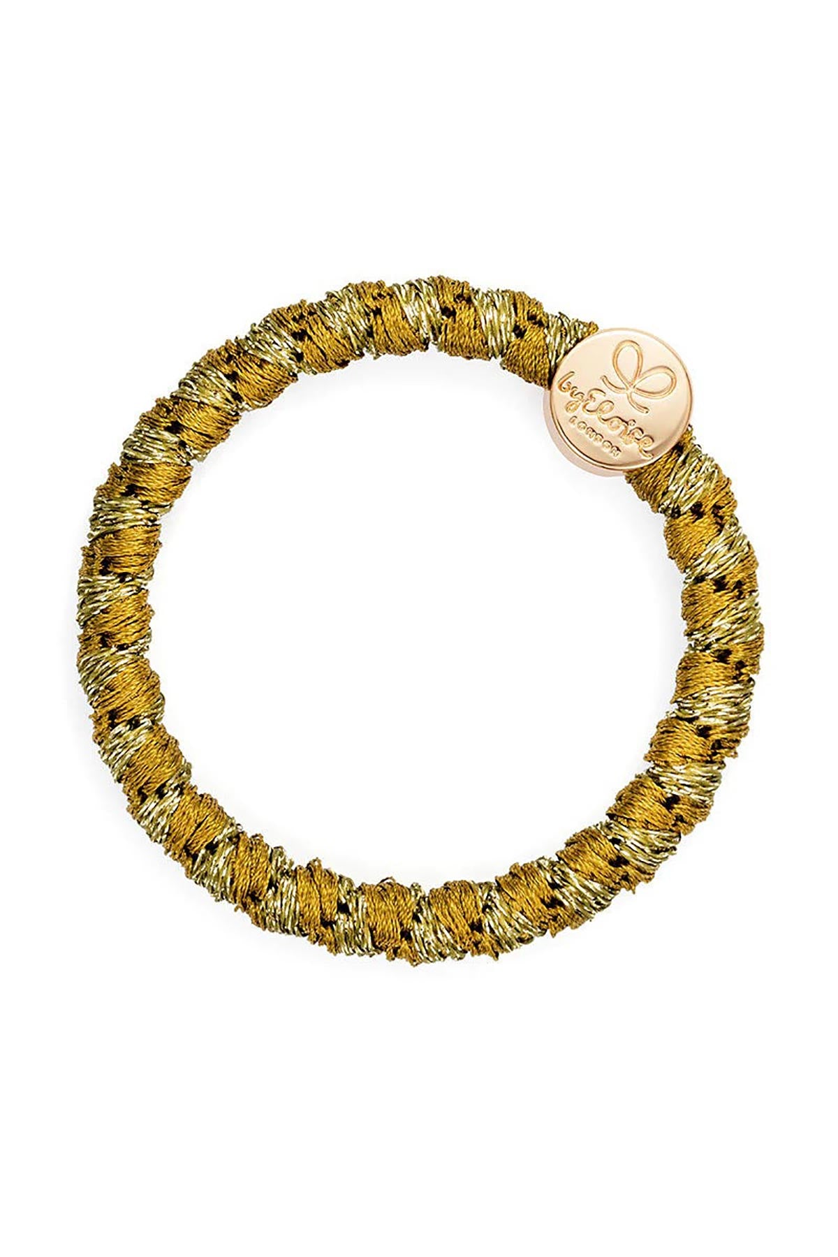 By Eloise Olive Green Gold Circle Woven Bangle Band shown as a stylish hair tie bracelet