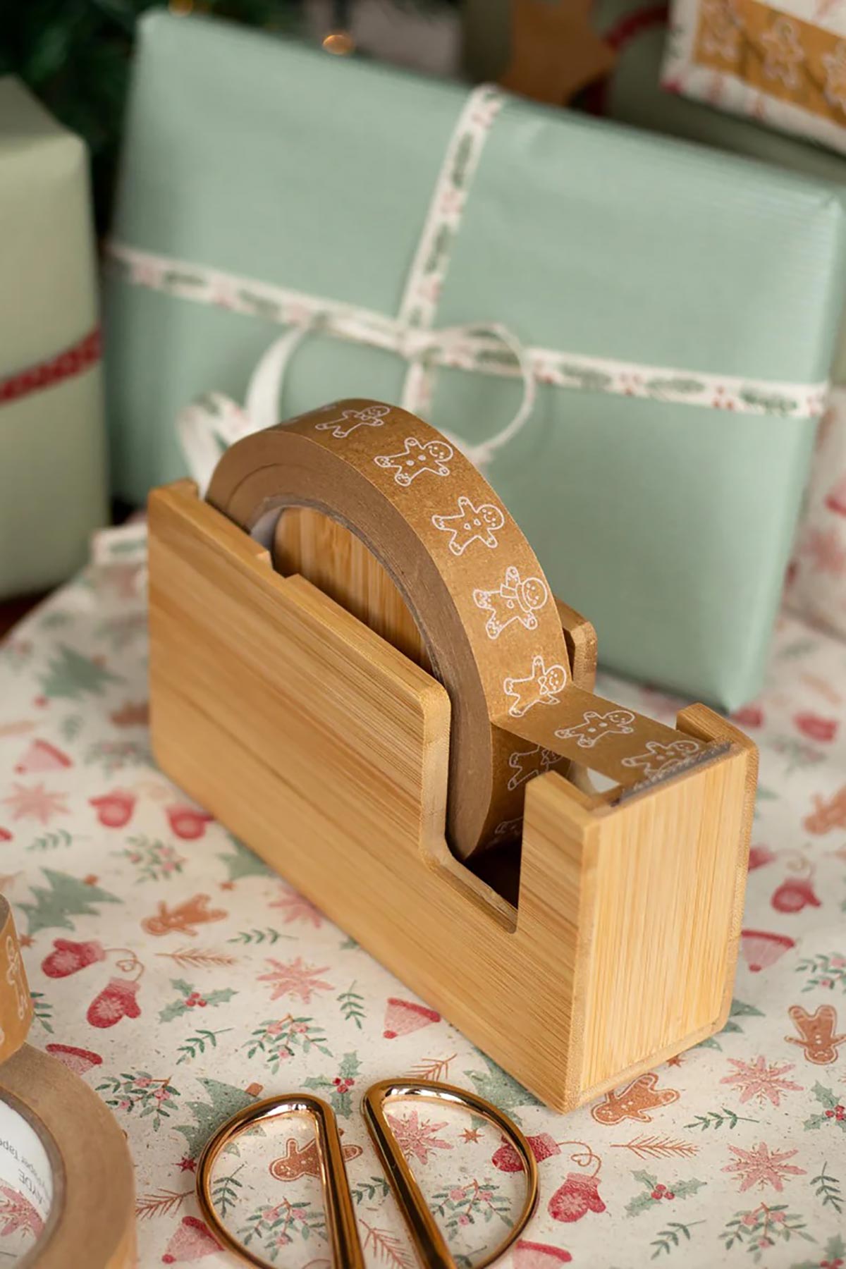 Close-up of bamboo tape dispenser and cutter teeth