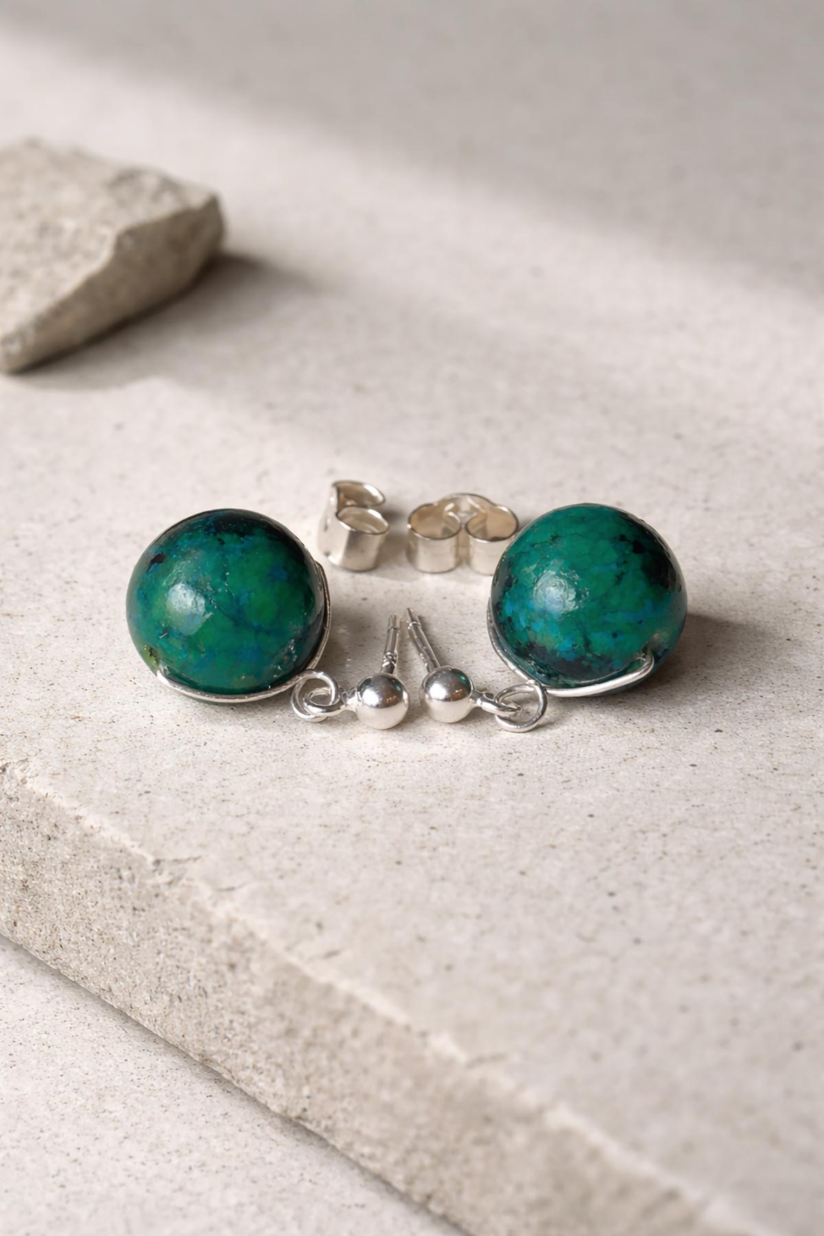Handmade chrysocolla stud earrings by Twigs & Stones
