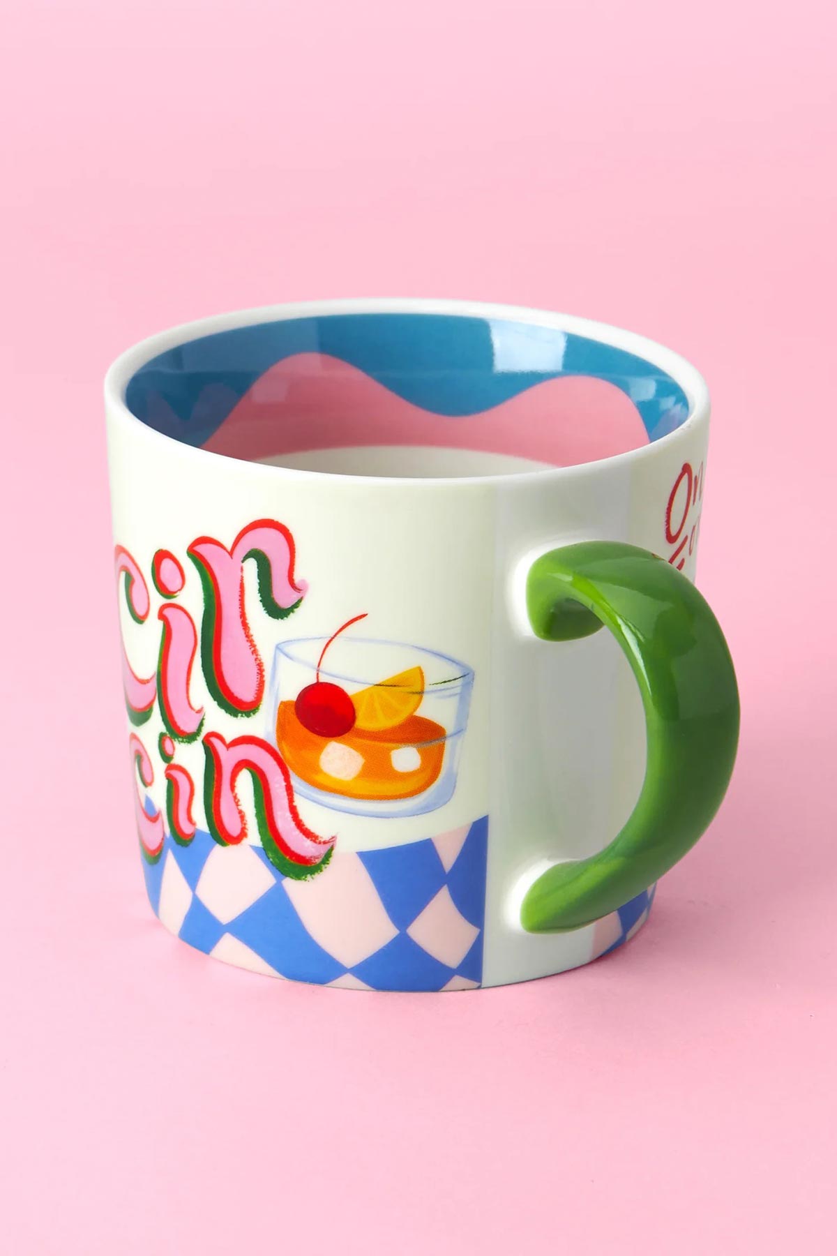 Hand-painted Cin Cin design detail on ceramic mug