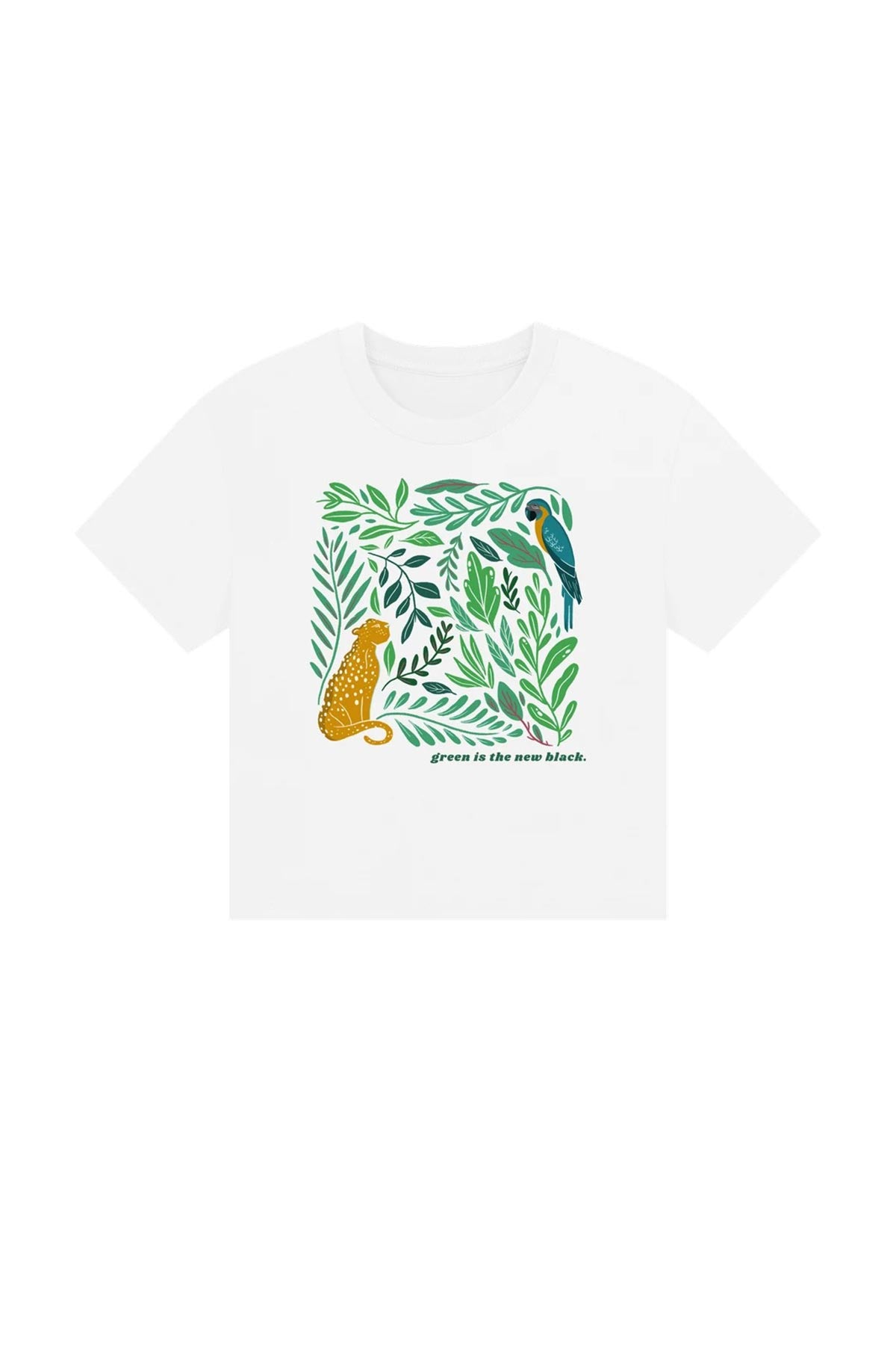 Circular organic cotton tee with green nature illustration and “Green Is The New Black” text by Urban Wild