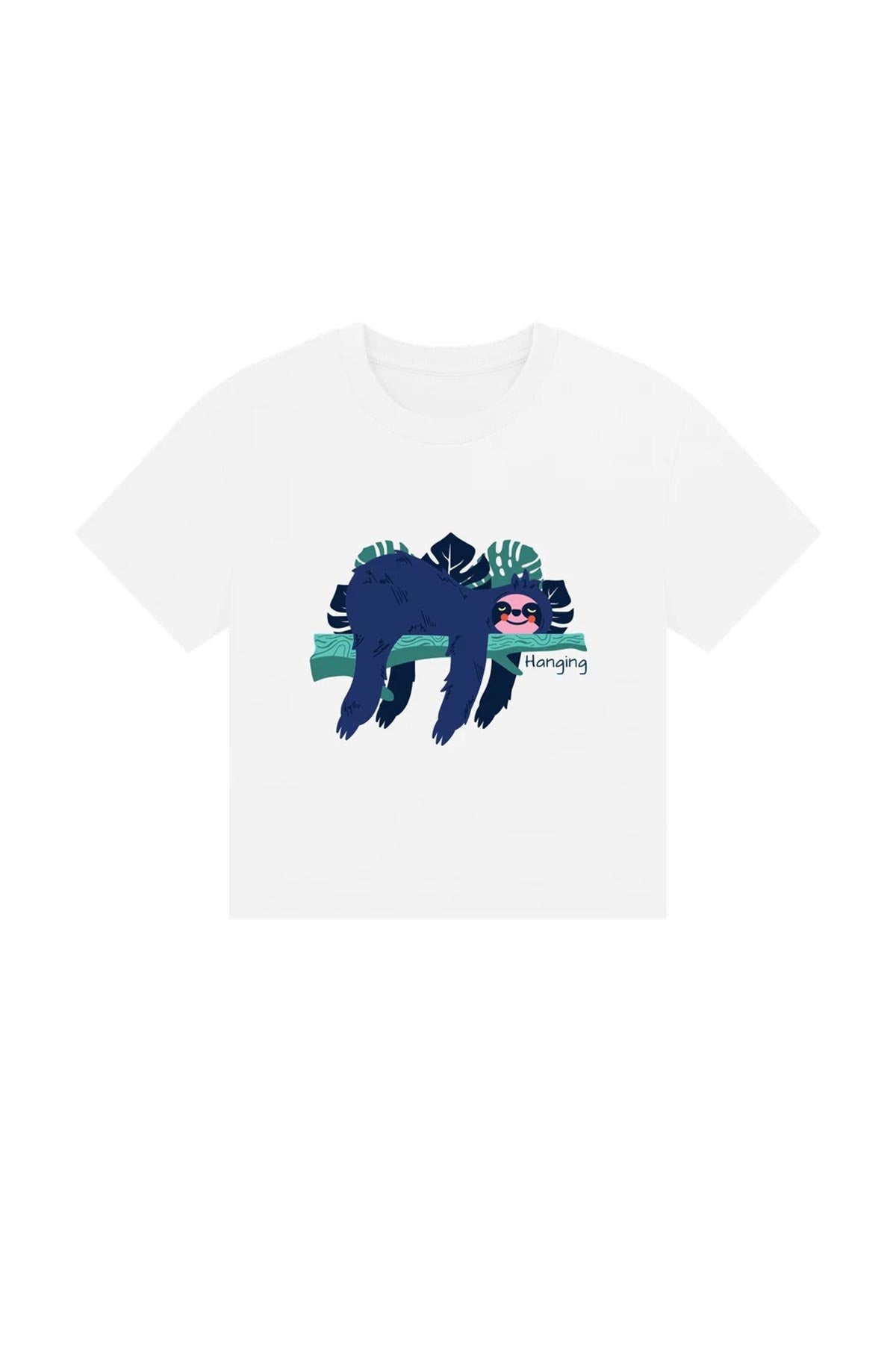 Circular organic cotton tee with sloth hanging illustration by Urban Wild on white t-shirt