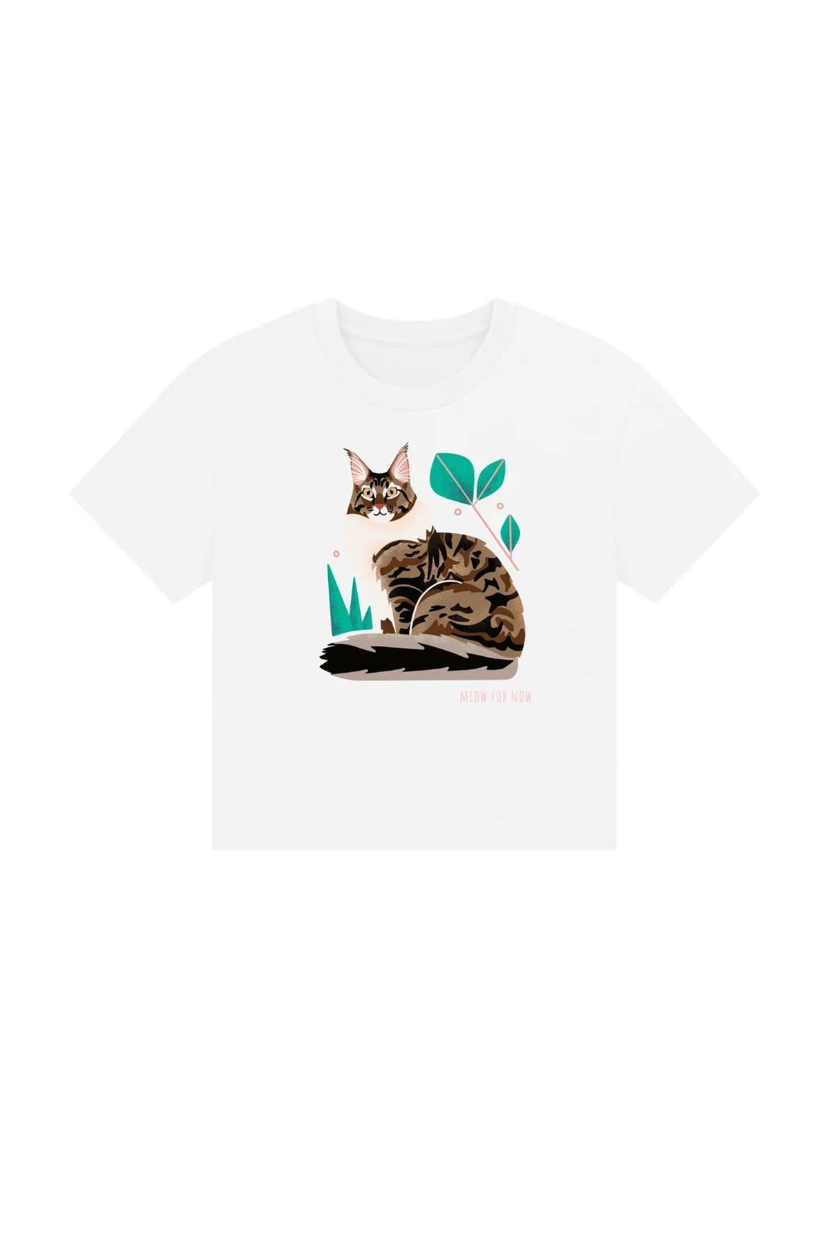Circular organic cotton tee with playful cat illustration and “Meow For Now” text by Urban Wild