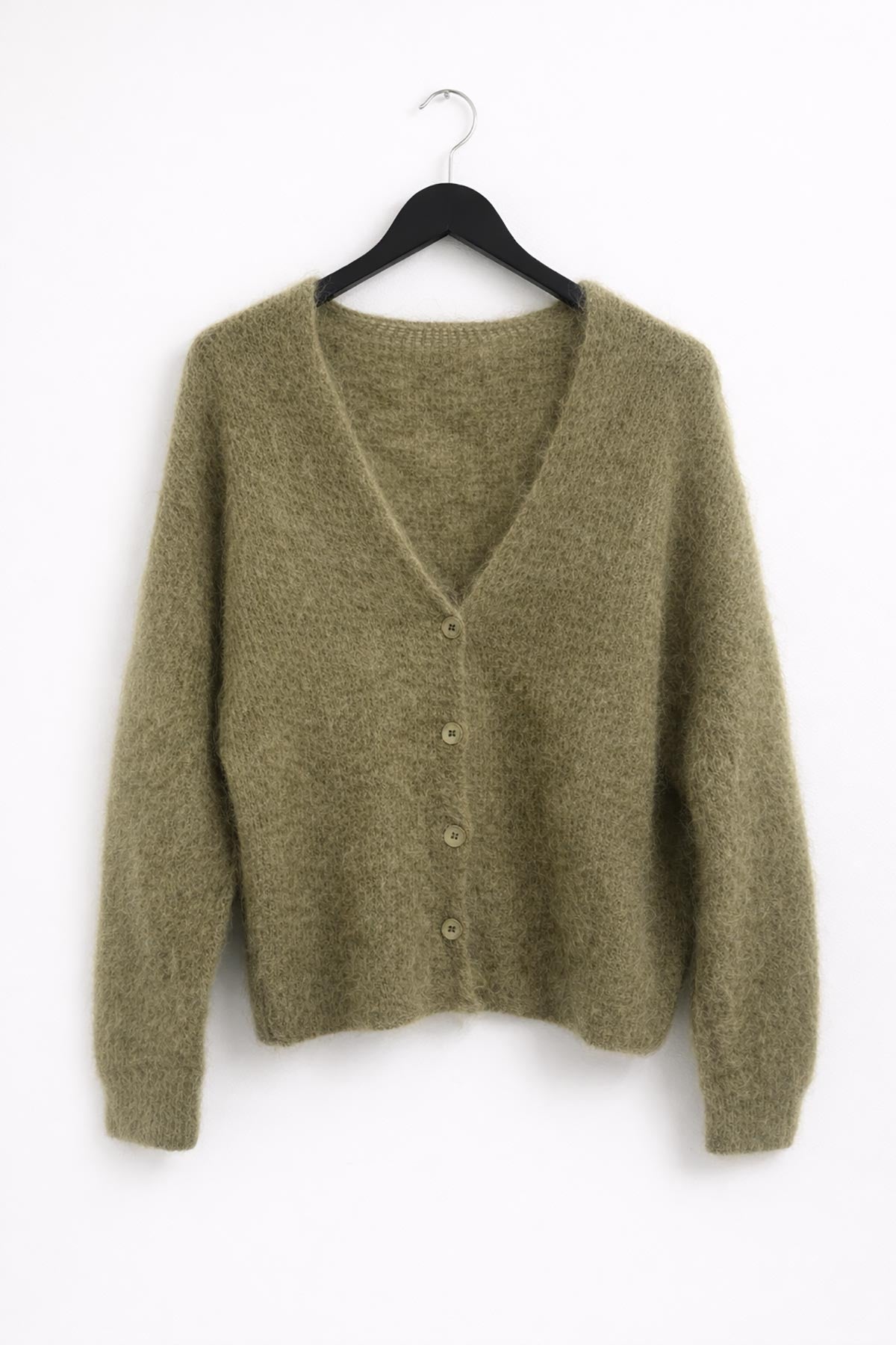 Olive green kid mohair cardigan made in Italy